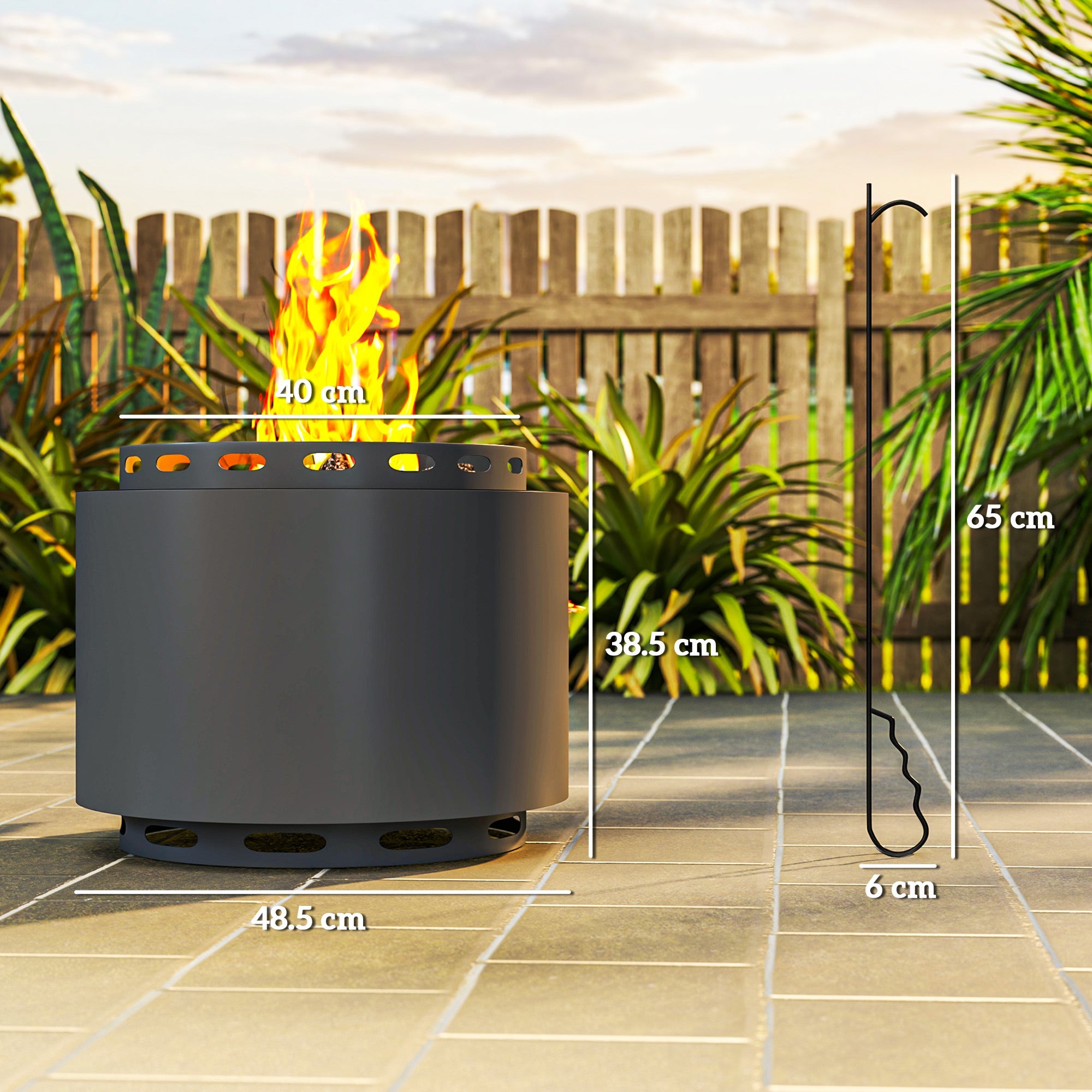 Outsunny Smokeless Fire Pit, 48.5cm Portable Wood Burning Firepit with Poker for Garden Camping Bonfire Party, Metal, Dark Grey