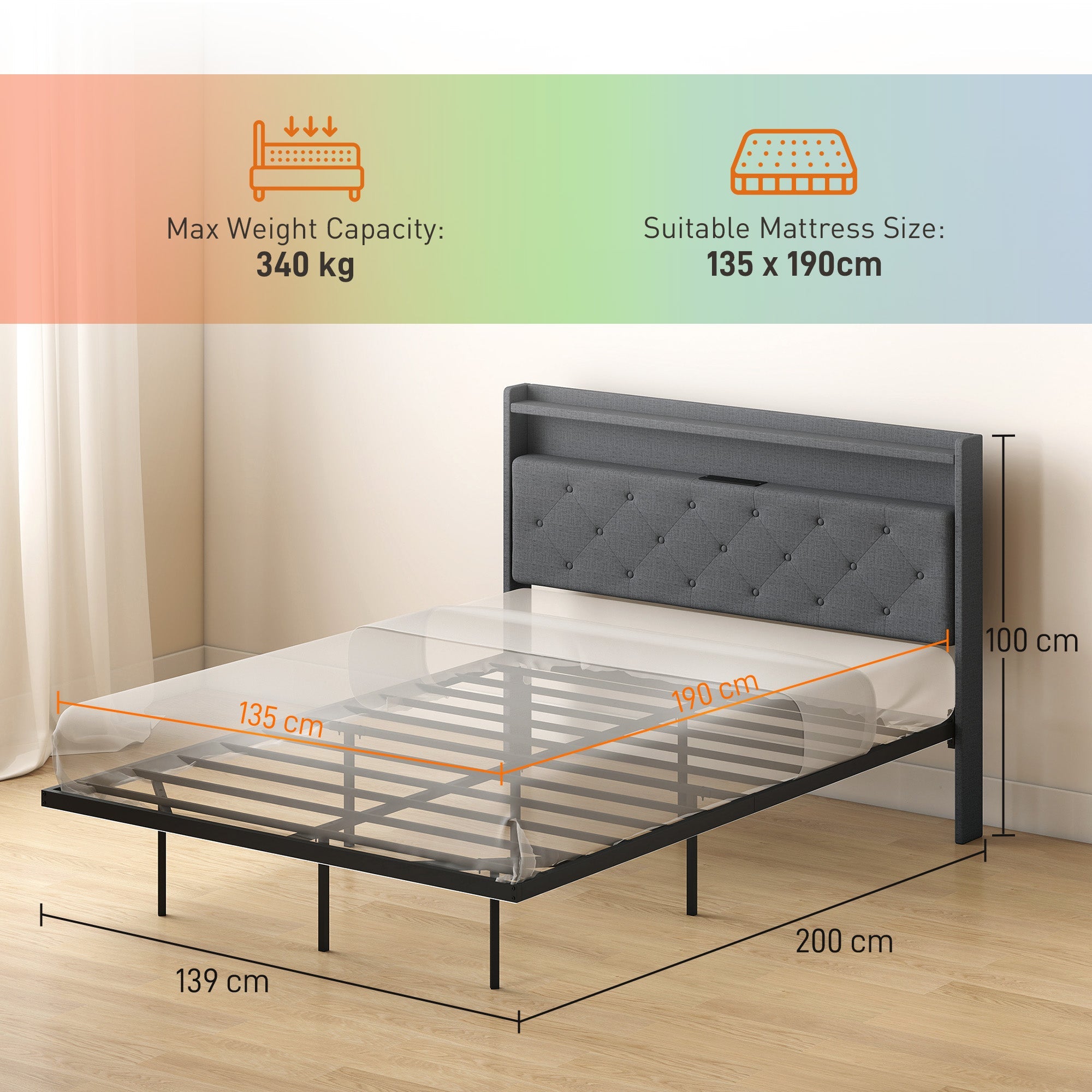 HOMCOM Floating Bed Frame, Upholstered 4ft6 Double Size Bed, Platform Bed with RGB LED Lights and Charging Station, Grey