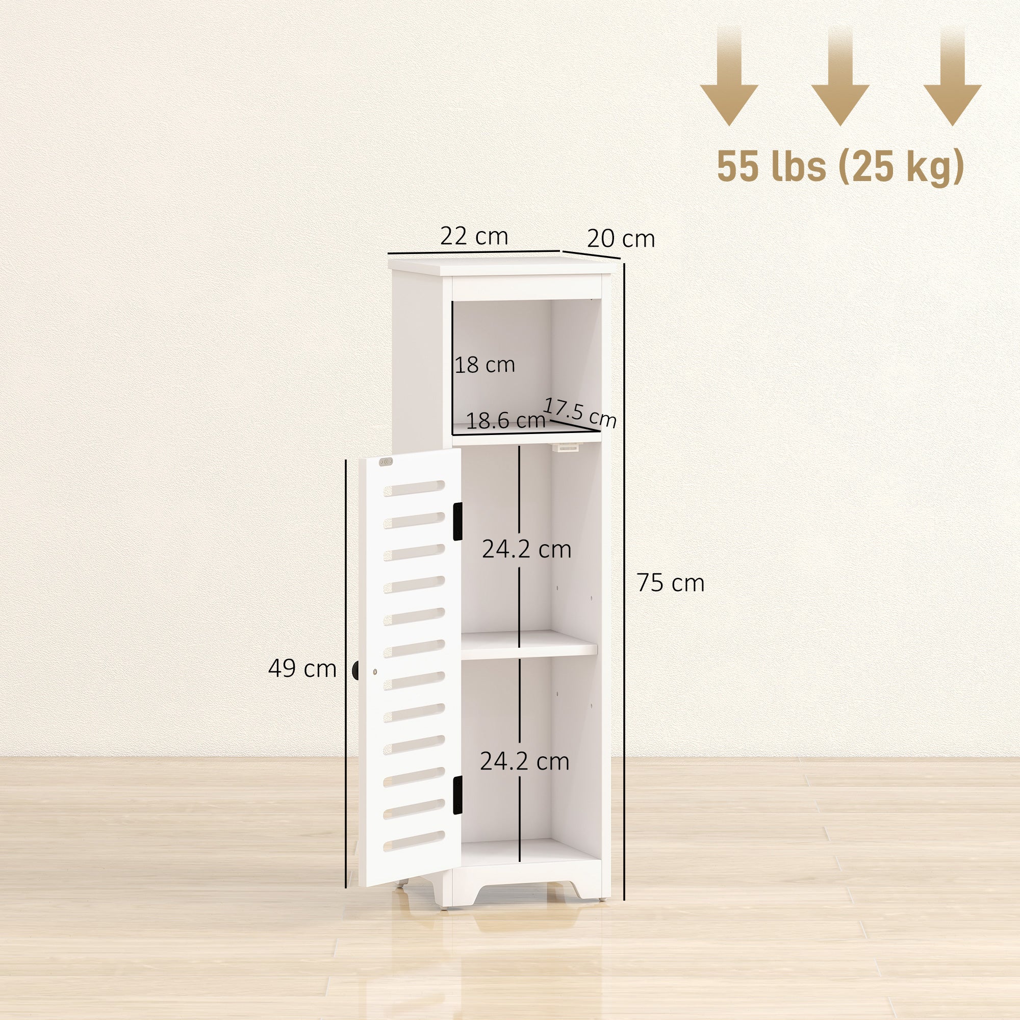 HOMCOM Bathroom Floor Cabinet, Bathroom Storage Unit with Louvered Door, Open Shelf, Adjustable Shelf, White, 22 x 20 x 75 cm