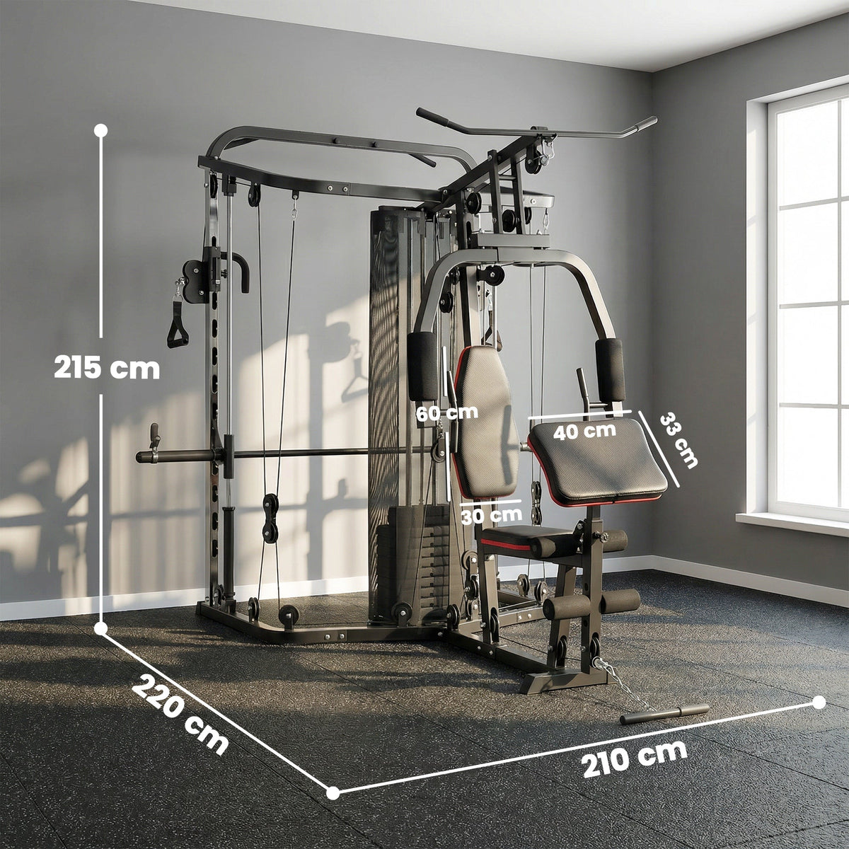 SPORTNOW Home Multi Gym Smith Machine with 65kg Weight Stack, Cable Pulley System, Chest Station, Preacher Pad & Leg Developer