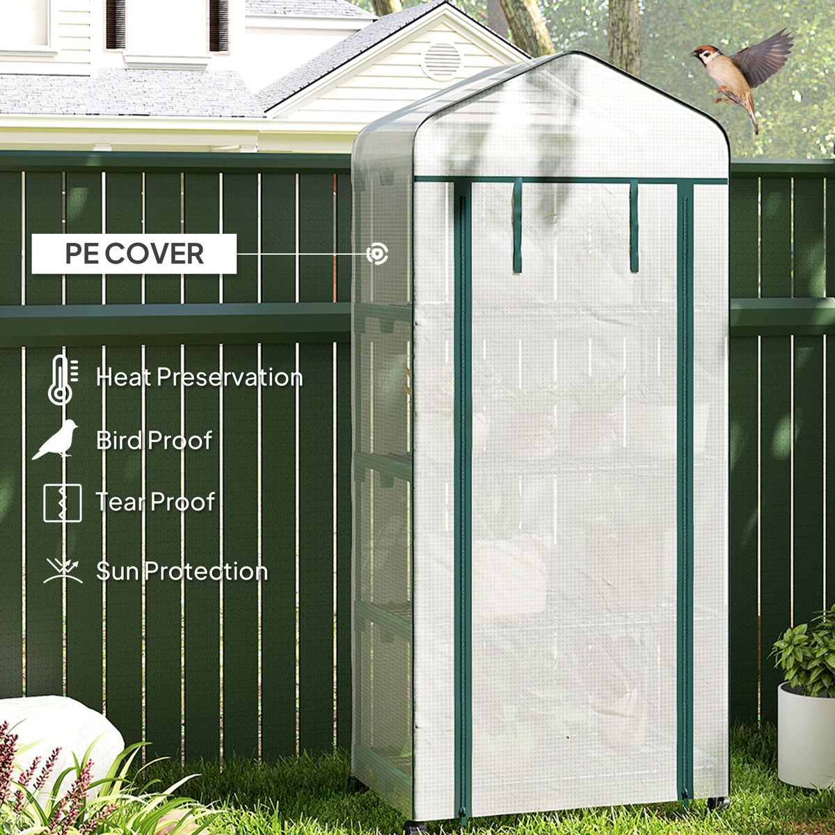 Outsunny 4 Tier Mini Portable Greenhouse Compact Plant Grow Shed Metal Frame PE Cover with Lockable Rolling Wheels , White