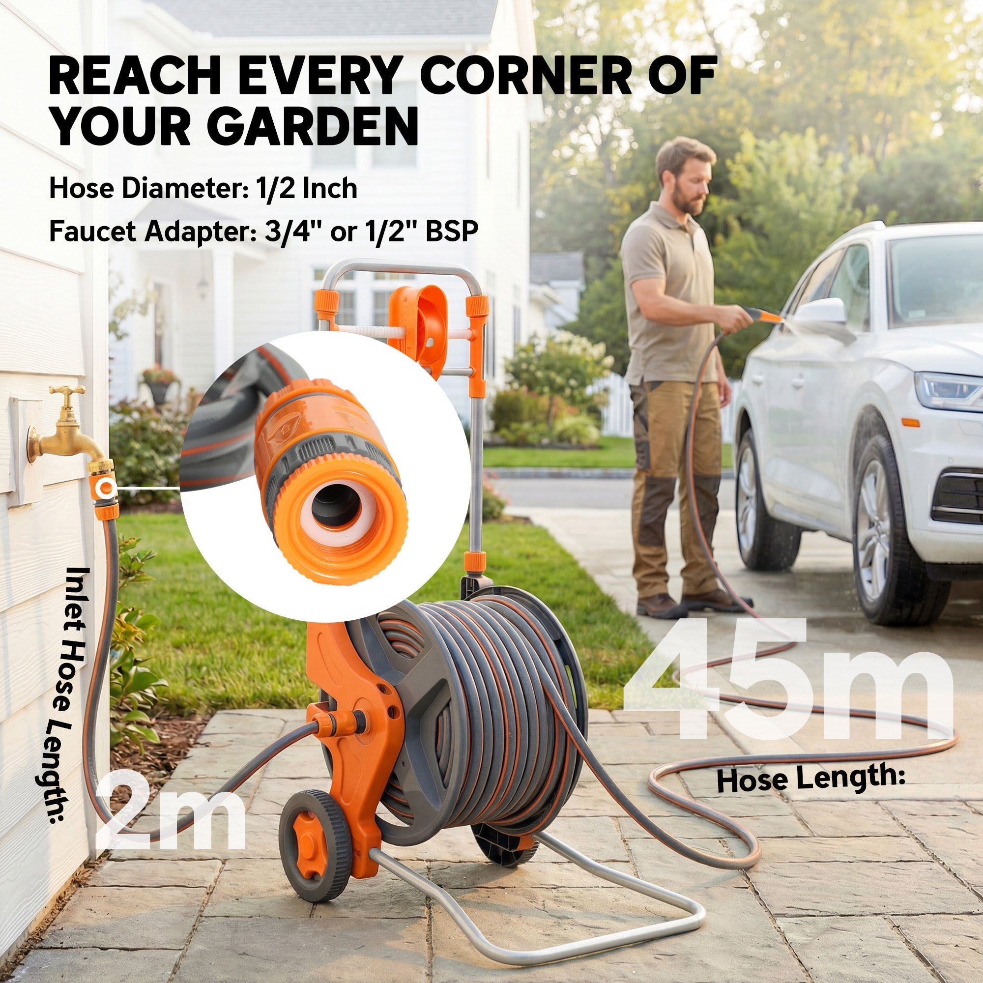Outsunny Hose Reel Cart with Wheels, 45+2m Garden Hose Reel with 2 Patterns Nozzle, Faucet Adaptors and Rewind Handle, Orange