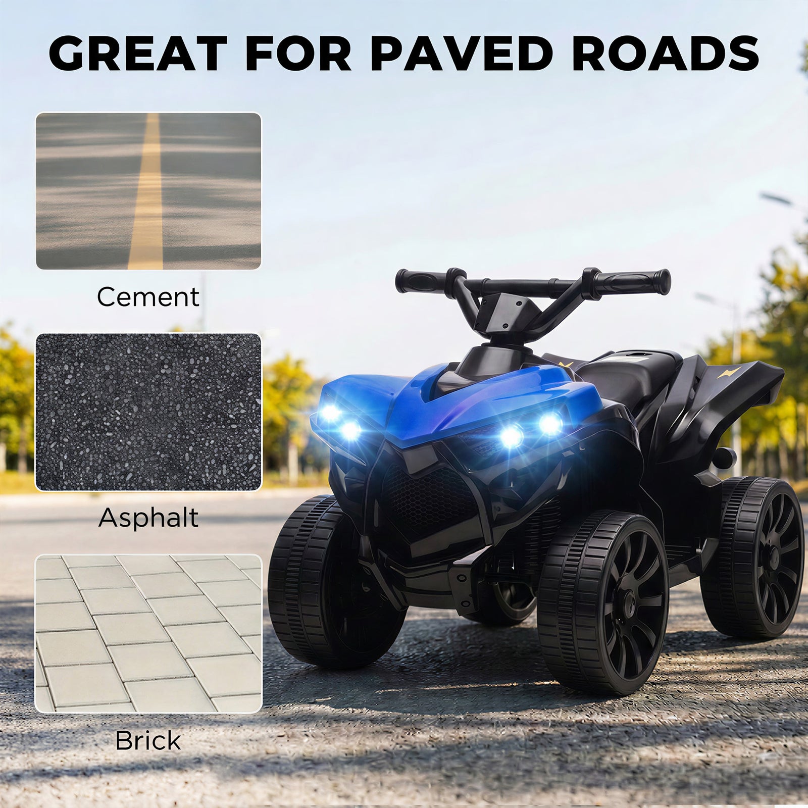 AIYAPLAY 6V Kids ATV, 4 Wheeler Electric Ride on Car with Music and LED Headlights, for Ages 18-56 Months Boys and Girls, Blue