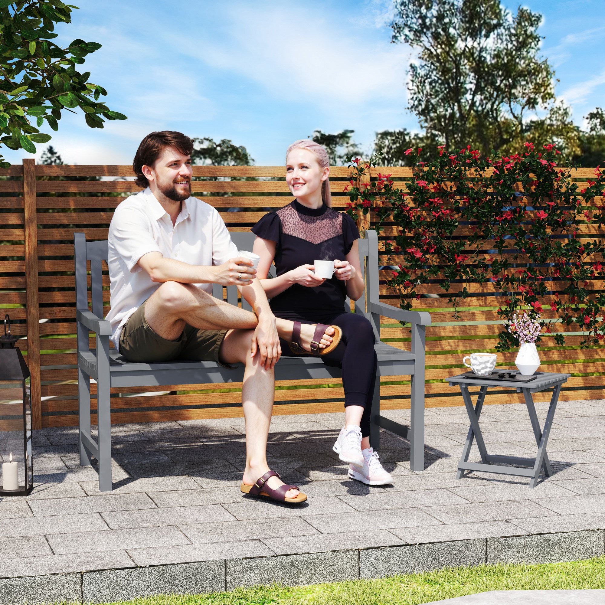 Outsunny 2-Seater Wooden Garden Bench Outdoor Patio Loveseat for Porch, Grey