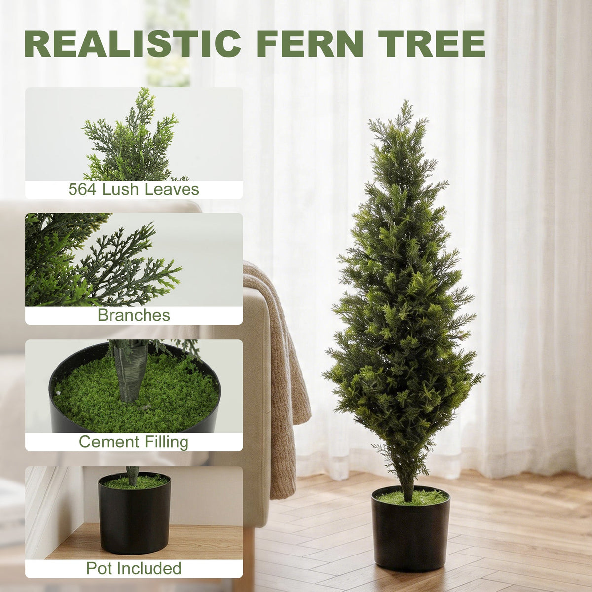 HOMCOM Set of 2 Decorative Artificial Plants Cypress in Weighted Pot, Fake Plant with 564 Leaves, 90cm