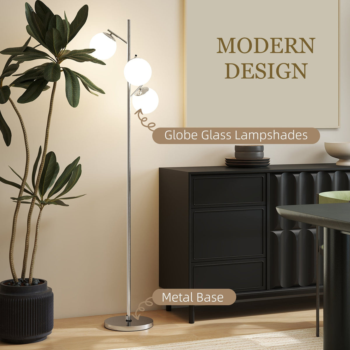 HOMCOM 3-Light Tree Floor Lamps for Living Room, Modern Standing Lamp for Bedroom with Globe Lampshade, 3000K/4000K/6000K Colour Temperatures, Steel Base, Silver Tone