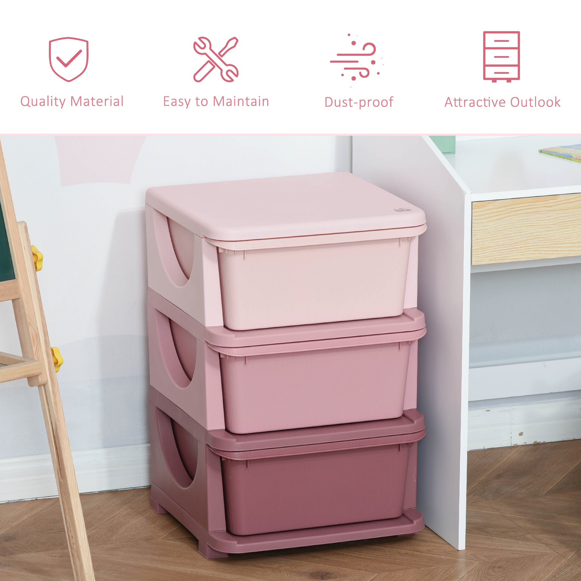 HOMCOM Kids Storage Units with 3 Drawers 3 Tier Chest Vertical Dresser Tower Toy Organiser for Nursery Playroom Kindergarten Pink