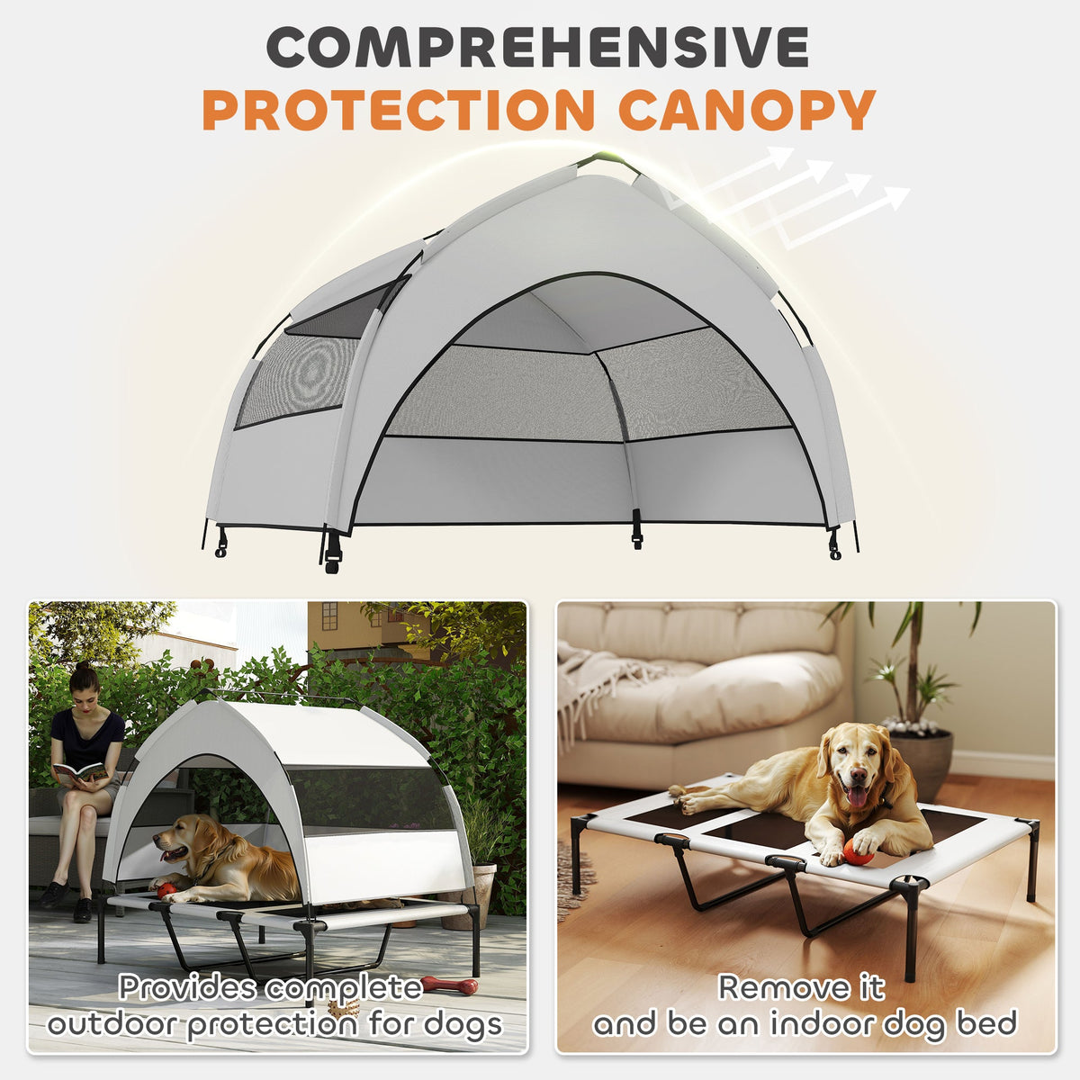 PawHut Portable Elevated Dog Bed with Removable Canopy, Cooling Raised Pet Cot for Large Dogs, 106 x 76 x 94 cm