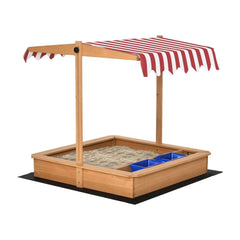 Outsunny Sand Pit Kids Wooden Sandbox with Cover Children Sandpit Play Station Height Adjustable with Canopy, Bottom Liner