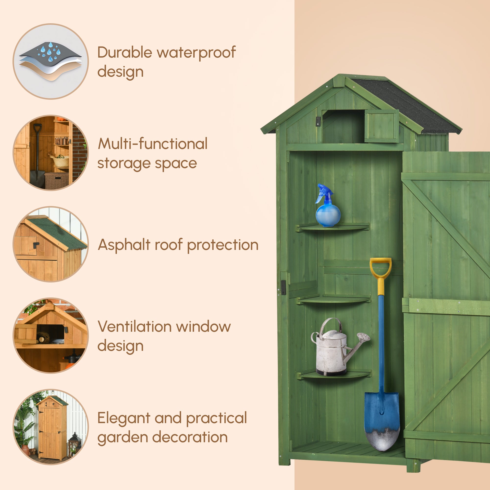 Outsunny Small Shed, Tall Slim Wooden Garden Shed with 3 Removable Shelves and Roof Hatch, Compact Outdoor Tool Storage Cabinet with Asphalt Roof and Door Latch, 77 x 54.2 x 179 cm, Green
