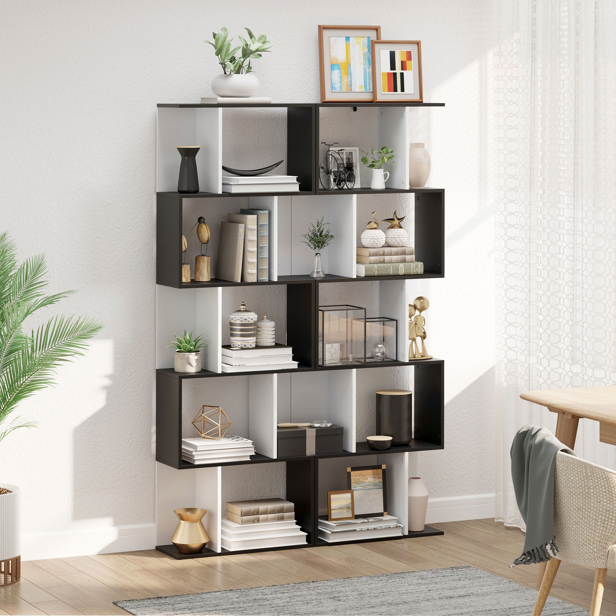 HOMCOM Bookcase, S-Shaped Wooden Bookshelf, 5/6 Tiers Freestanding Storage Shelf, Home Office Decorative Display Stand Rack, Black and White, 24D x 60W x 184.5H