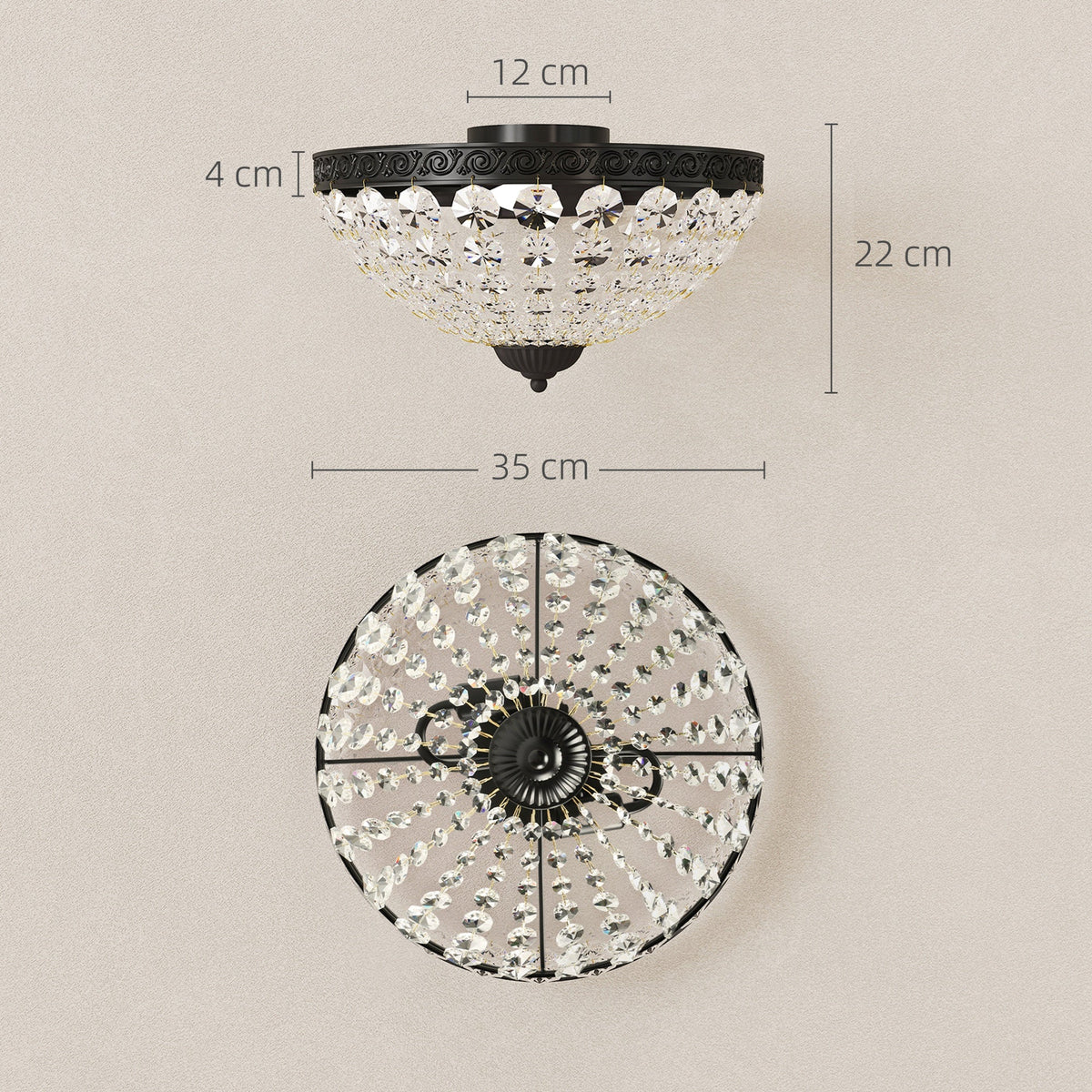 HOMCOM Crystal Chandelier Ceiling Light with 168 Octagonal Beads, Vintage 2-Light Flush Mount Ceiling Light for Living Room, Bedroom, Hallway, Dining Room, Black