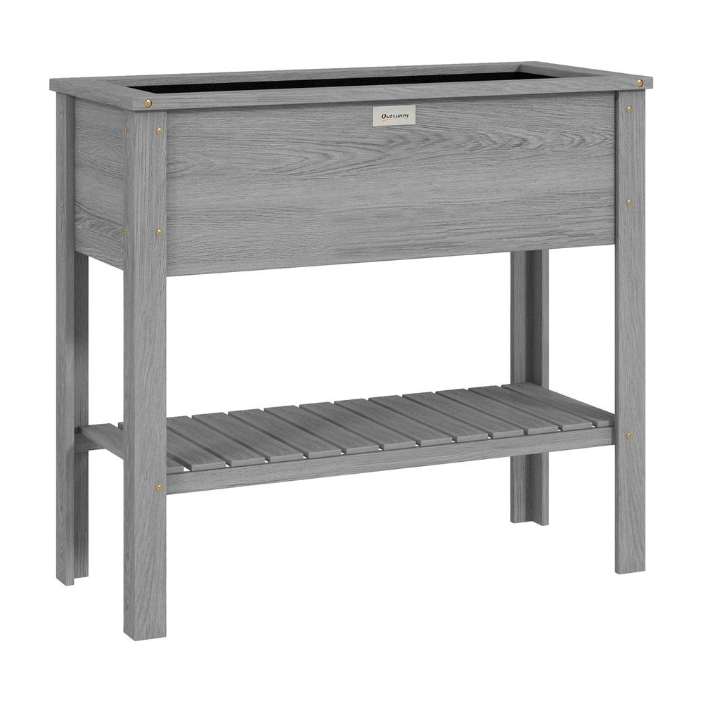 Outsunny Wooden Raised Garden Bed, Elevated Planter Box with Storage Shelf and Drainage Holes, Raised Planter with Legs, Grey