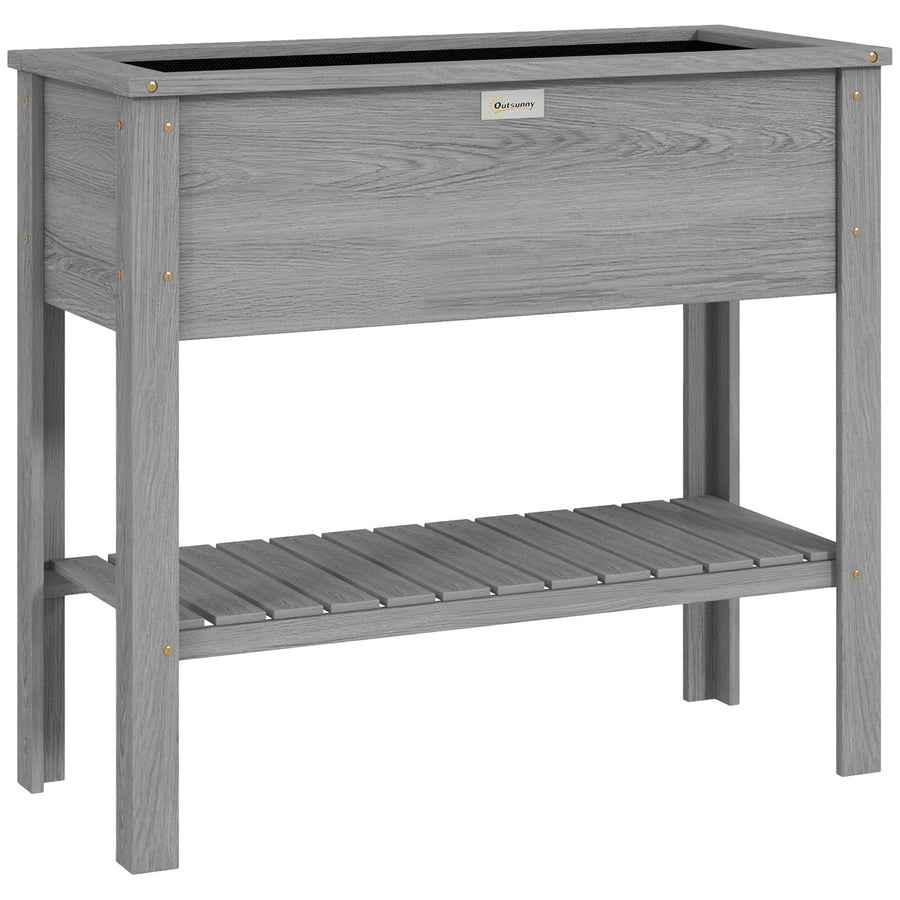 Outsunny Wooden Raised Garden Bed, Elevated Planter Box with Storage Shelf and Drainage Holes, Raised Planter with Legs, Grey