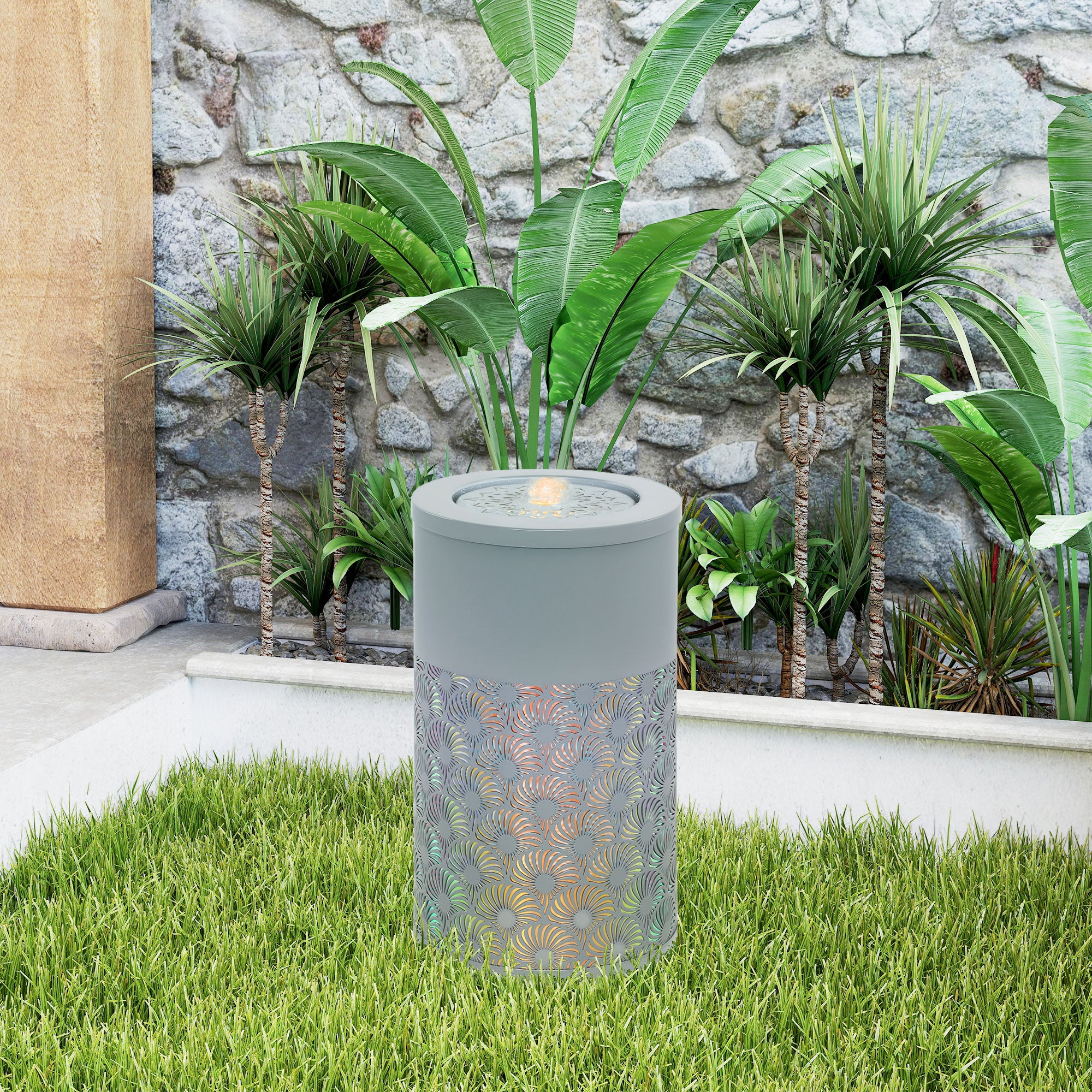 Outsunny 30 cm Tall Garden Waterfall Fountain with LED Lights and Pump, Garden Water Feature Water Fountain with Adjustable Flow and Cut-out Design for Indoor and Outdoor Decor, Light Grey