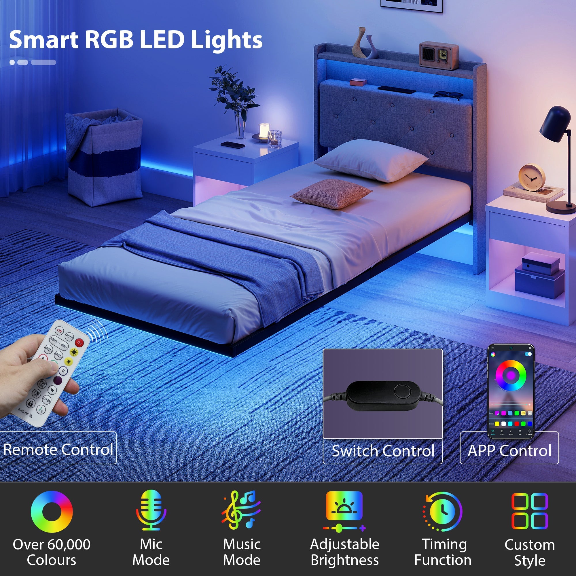 HOMCOM Floating Bed Frame, Upholstered 3ft Single Size Bed, Platform Bed with RGB LED Lights and Charging Station, Grey