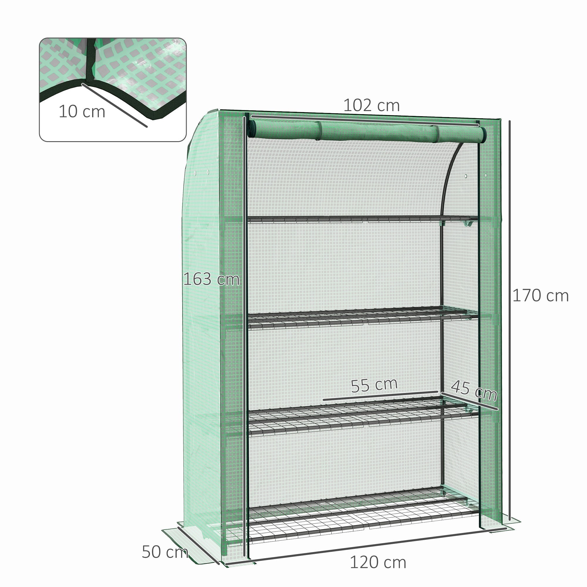 Outsunny 4 Tier Mini Greenhouse with Reinforced PE Cover, Portable Indoor Outdoor Green House with Roll-up Door and Wire Shelves, 170H x 120W x 50Dcm, Green