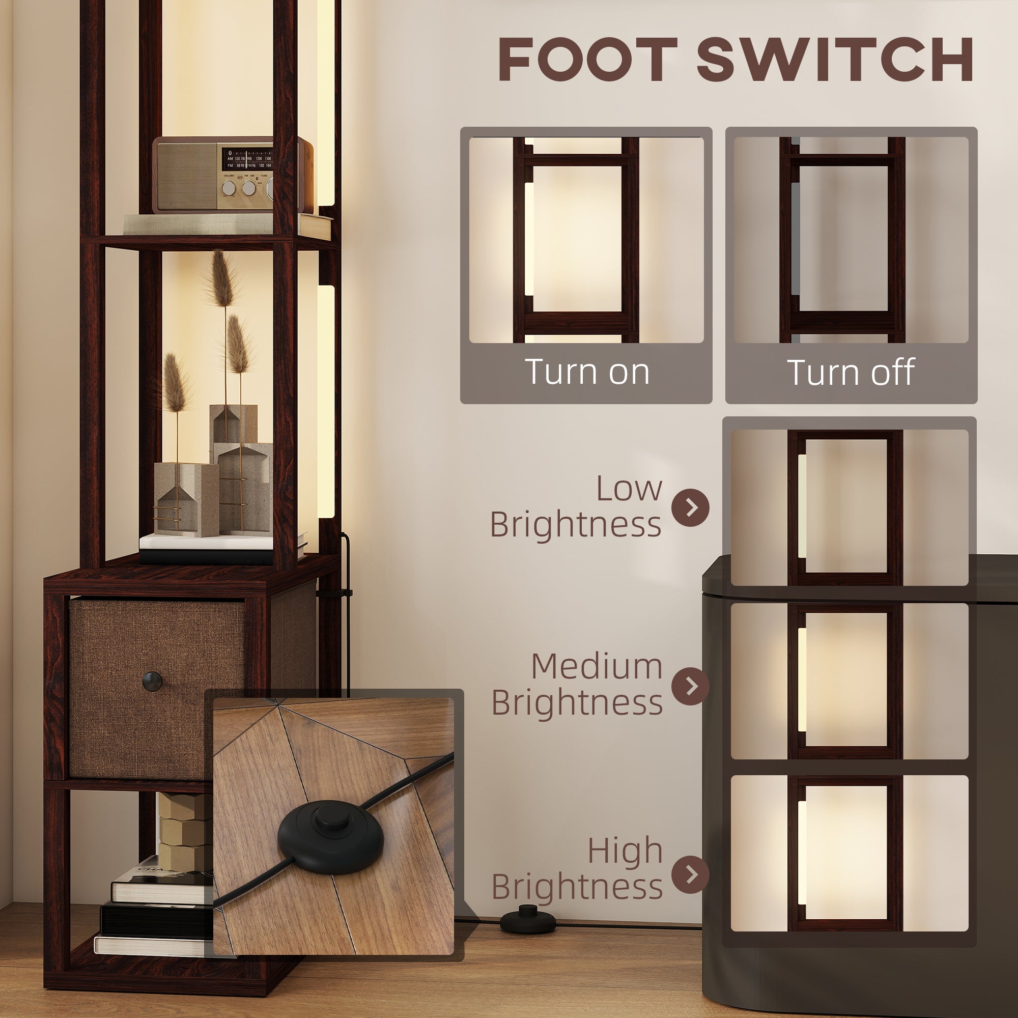 HOMCOM Floor Lamp with Shelves, LED Column Modern Standing Lamp with Fabric Drawer, Adjustable Brightness, Foot Switch for Living Room, Bedroom, Office, Dark Brown