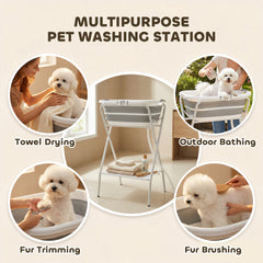 PawHut Dog Bath Tub, Portable Foldable Dog Bathtub with Stand, Drainage Hole, for Small Dogs Puppies Grey
