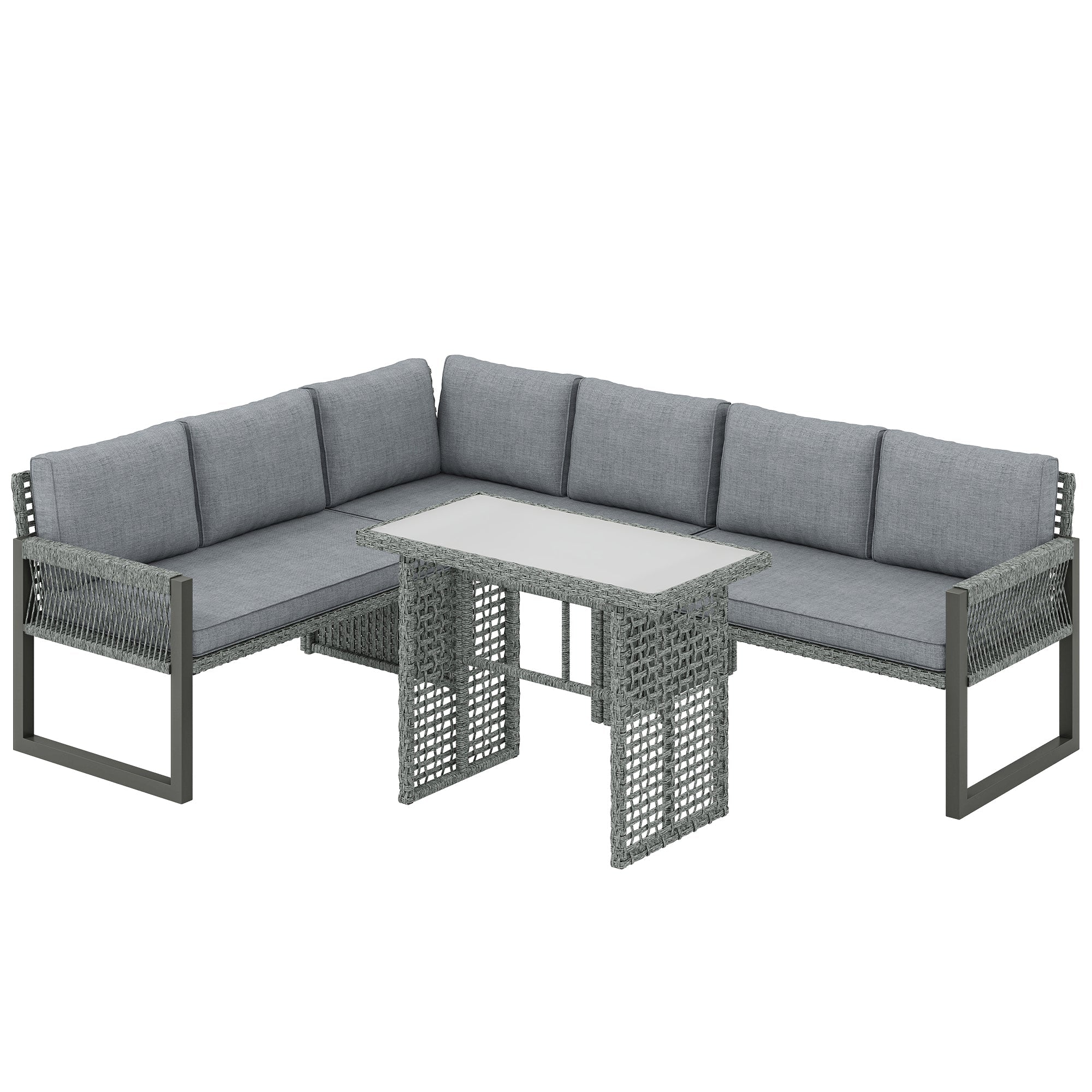 Outsunny 6 Seater Rattan Garden Furniture Set with 3 Loveseats, Table, Patio Rattan Furniture Corner Sofa Set, Grey