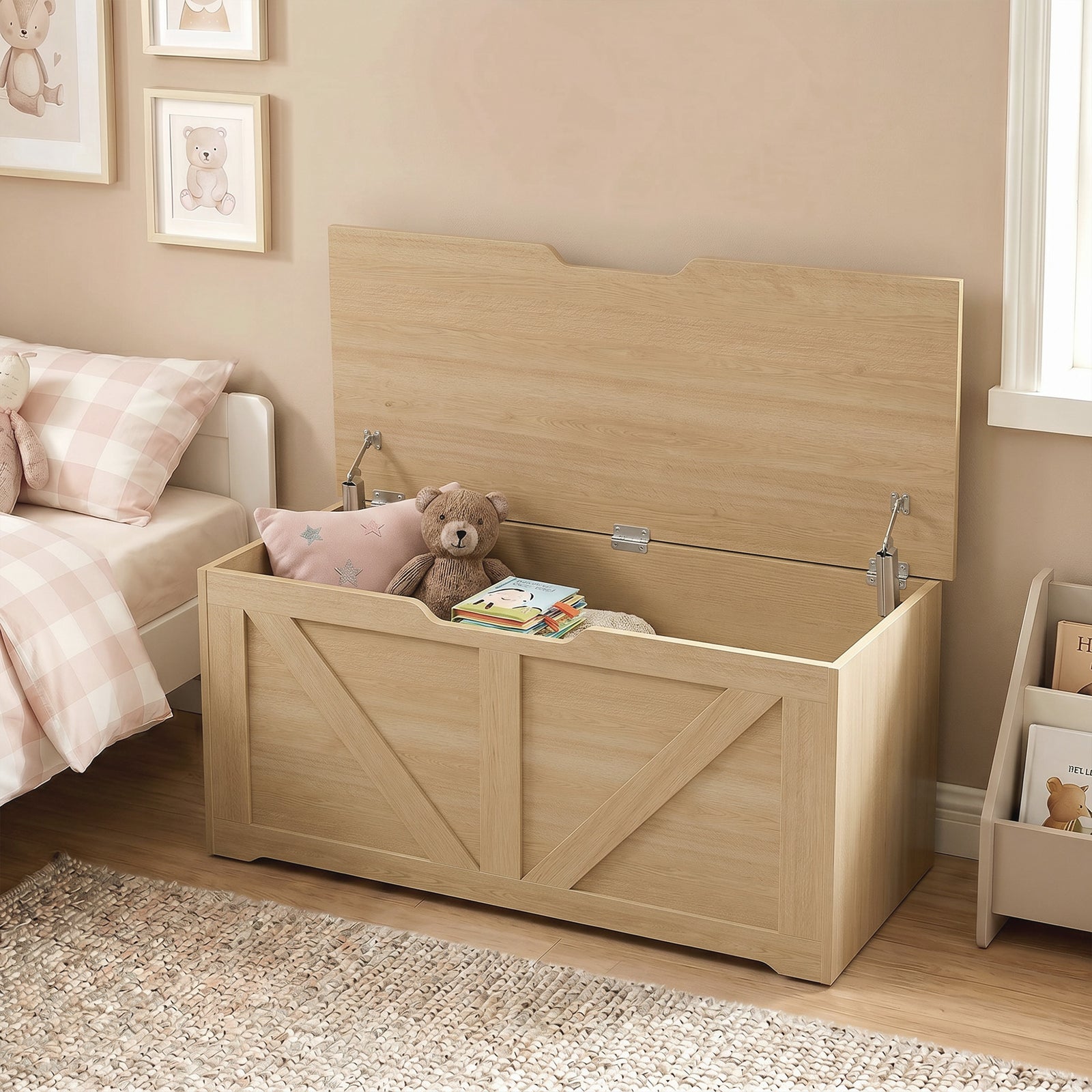 HOMCOM 127L Home Storage Box, with Safety Hinges - Nature Wood Finish