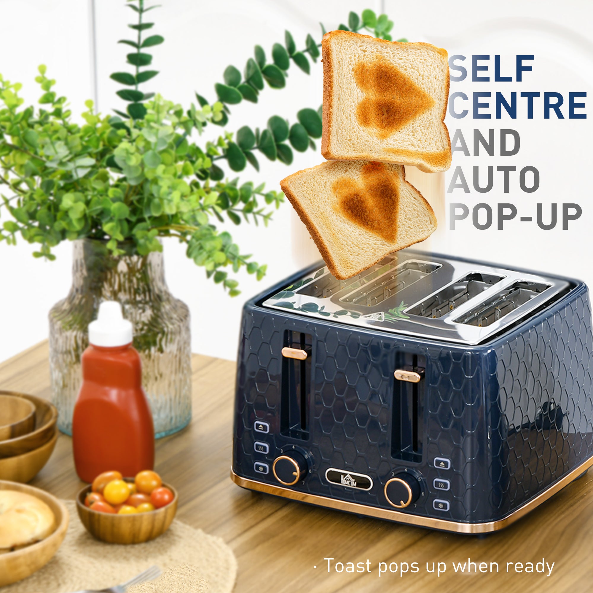 HOMCOM Kettle and Toaster Set, 1.7L 3000W Fast Boil Jug Kettle with Auto Shut Off, 4 Slice Toaster with 7 Level Browning Controls & Crumb Tray, UK Otter Thermostat, Blue