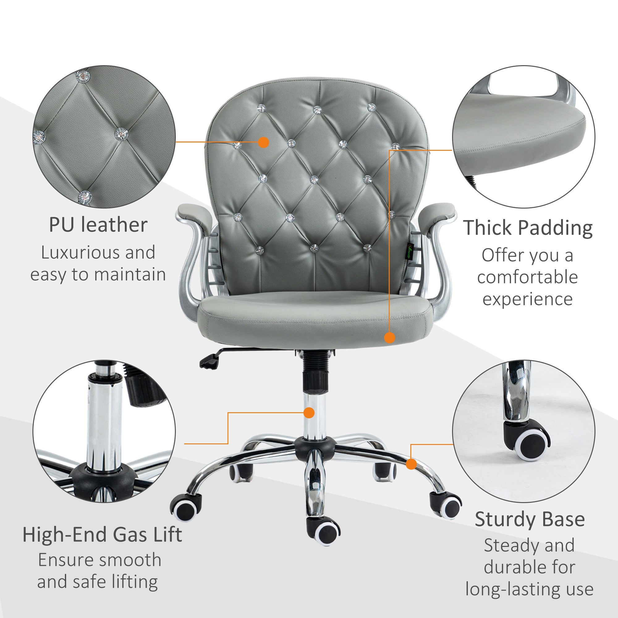 Vinsetto Office Chair Ergonomic 360  Swivel PU Diamante Padded Base 5 Castor Wheels for Home Work Grey
