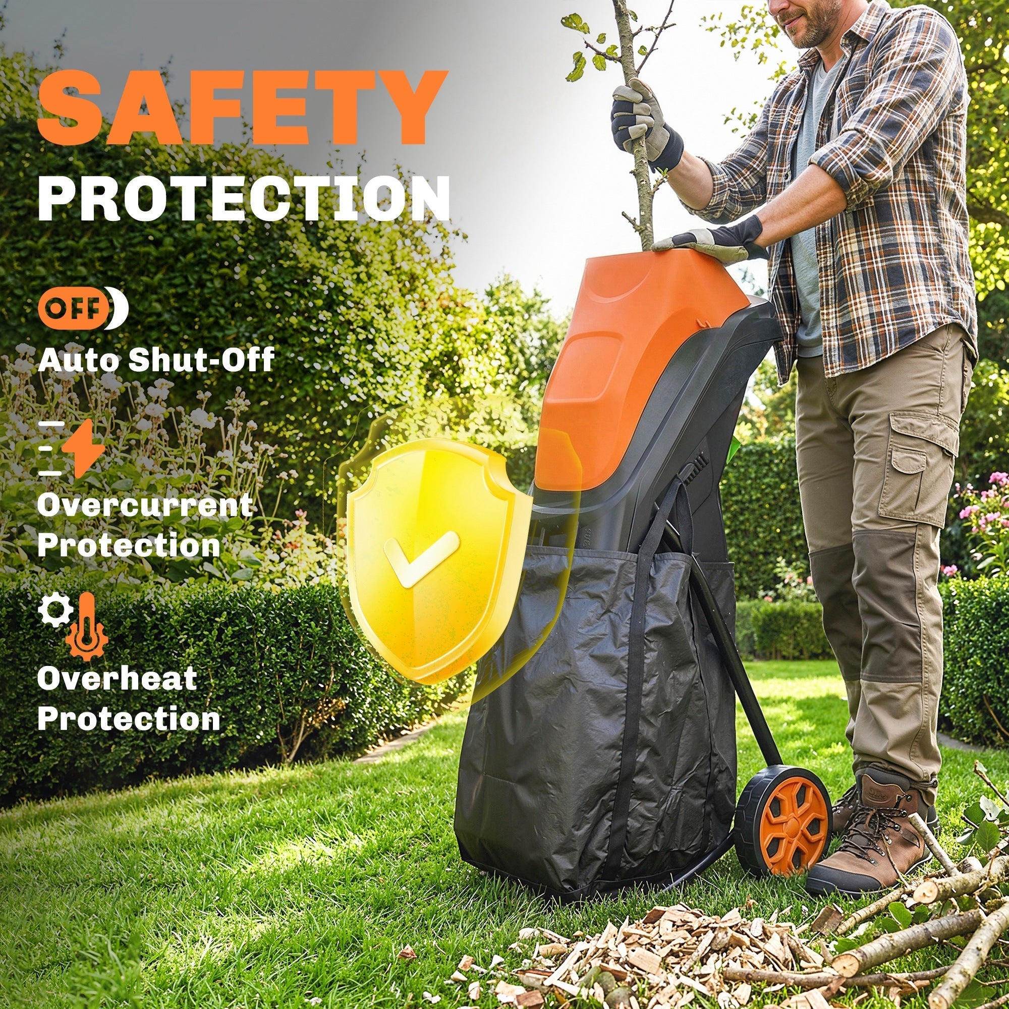 Outsunny 2500W Electric Wood Chipper, Corded Wood Mulcher Shredder with 45L Collection Bag, 4300RPM, 44mm Cutting Diameter
