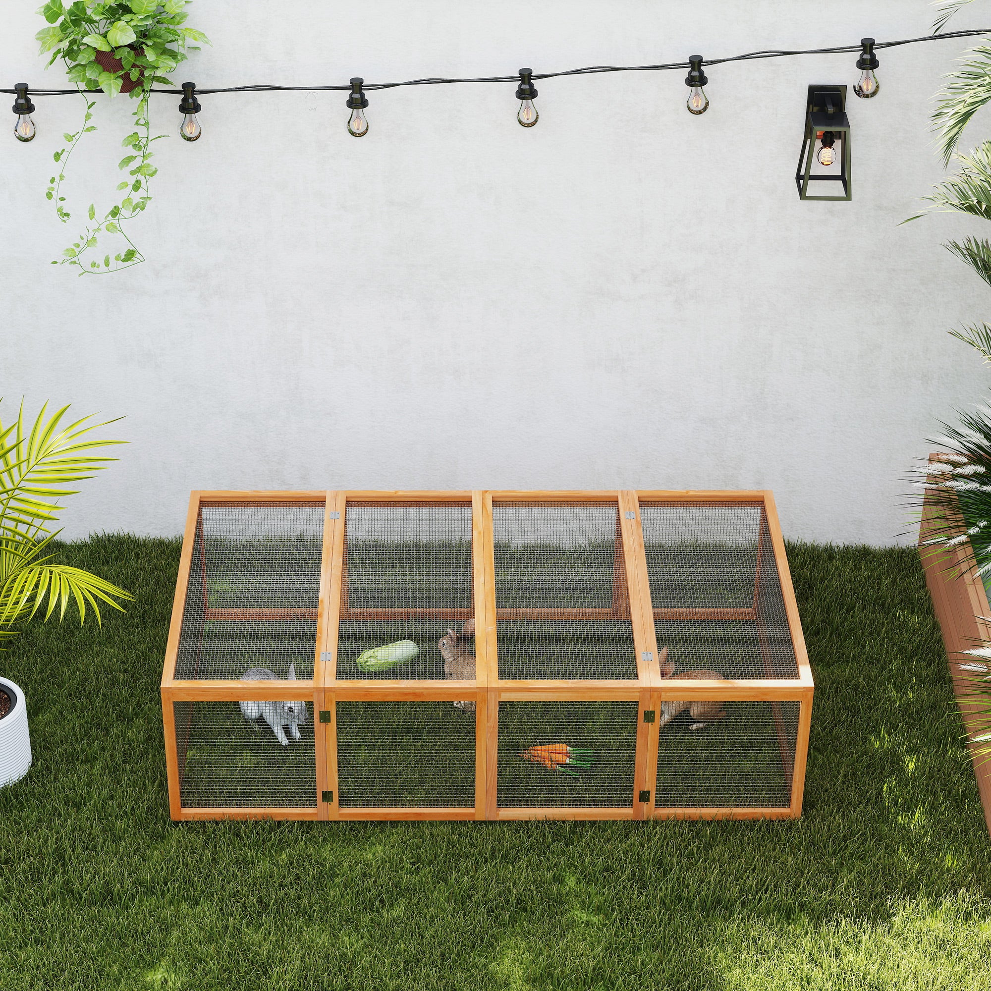 PawHut Wooden Rabbit Hutch Cage 6ft with Wire Mesh, Openable Roof, Play Space for Outdoor, Natural Wood Finish