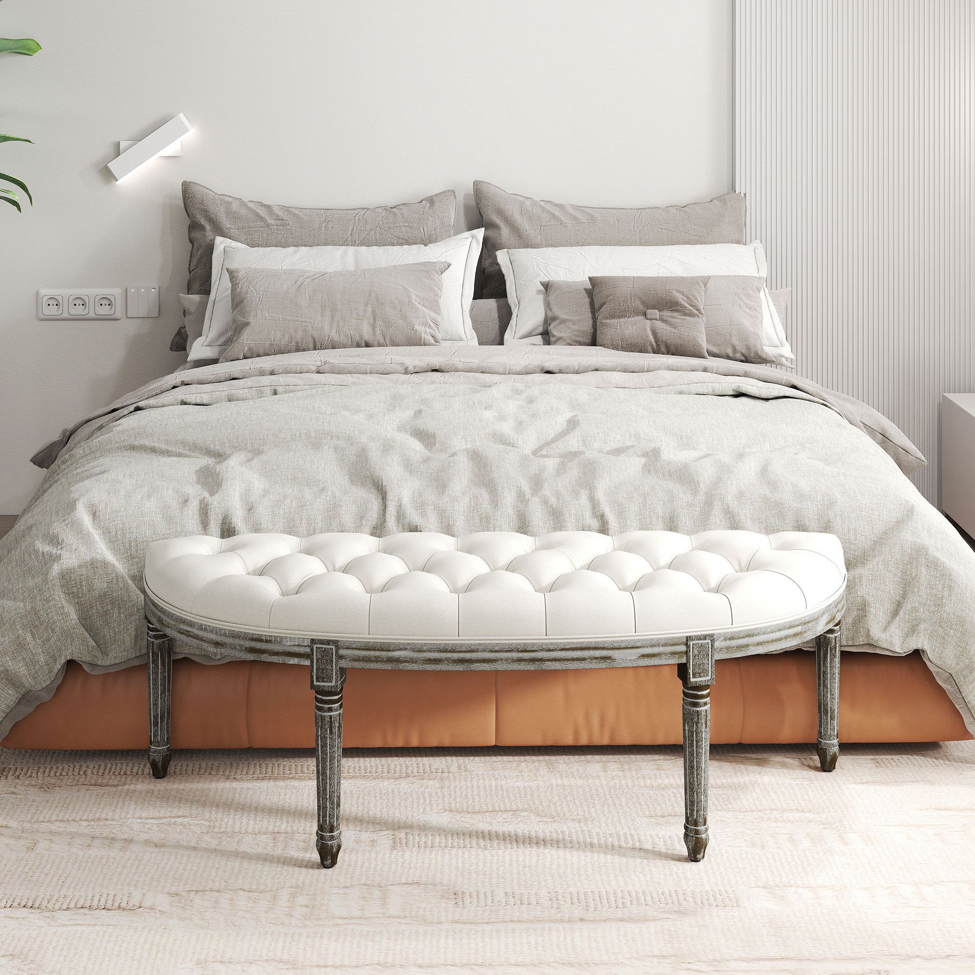 HOMCOM Half-Circle End Bench Ottoman Footstool Tufting Padded Seat Brushed Wood Base Antique Accents Home Seat Furniture Cream White and Light Wood Grain Leg