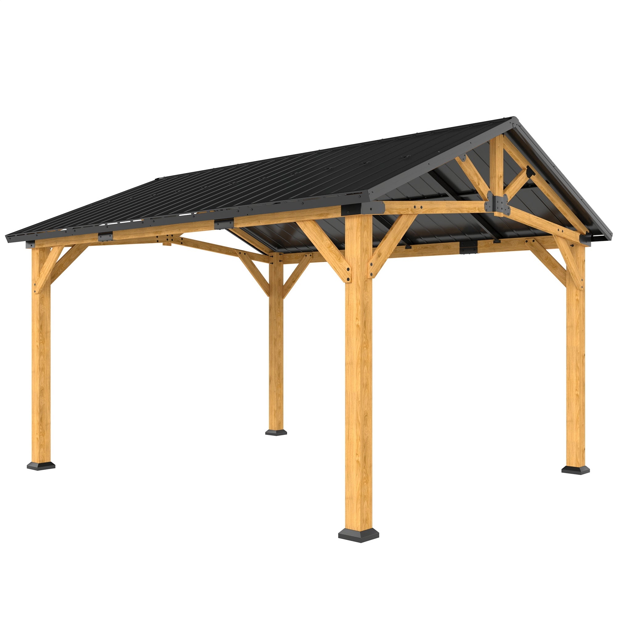 Outsunny 3.5 x 4 m Hardtop Gazebo Canopy with Galvanised Metal Roof, Fir Wood Frame and Hook for Patio, Garden, Black Grey