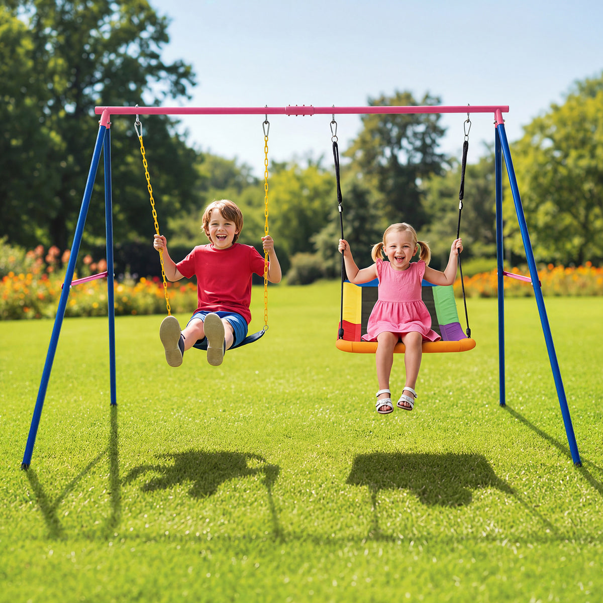 A-Frame Swing Stand for 2 Swings with Ground Stakes and Carabiners Heavy Duty-Blue