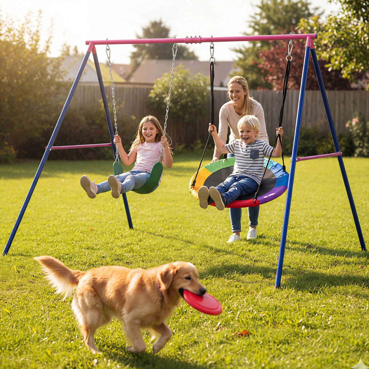 A-Frame Swing Stand for 2 Swings with Ground Stakes and Carabiners Heavy Duty-Blue