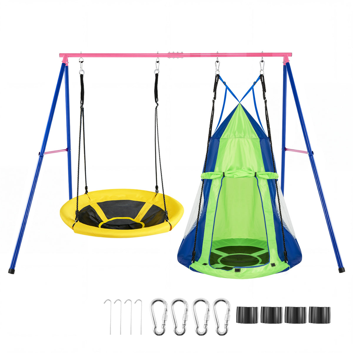 A-Frame Swing Stand for 2 Swings with Ground Stakes and Carabiners Heavy Duty-Blue