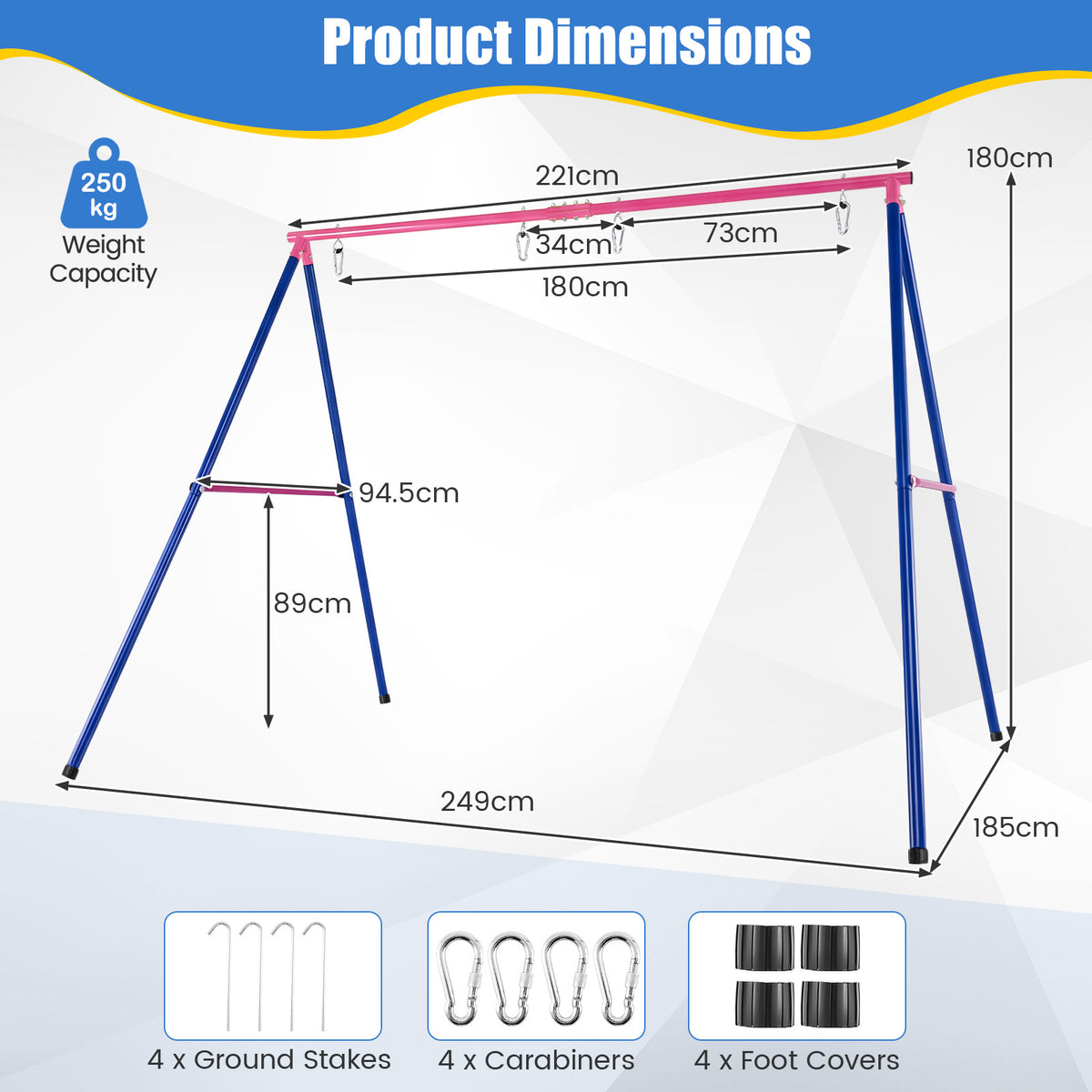 A-Frame Swing Stand for 2 Swings with Ground Stakes and Carabiners Heavy Duty-Blue