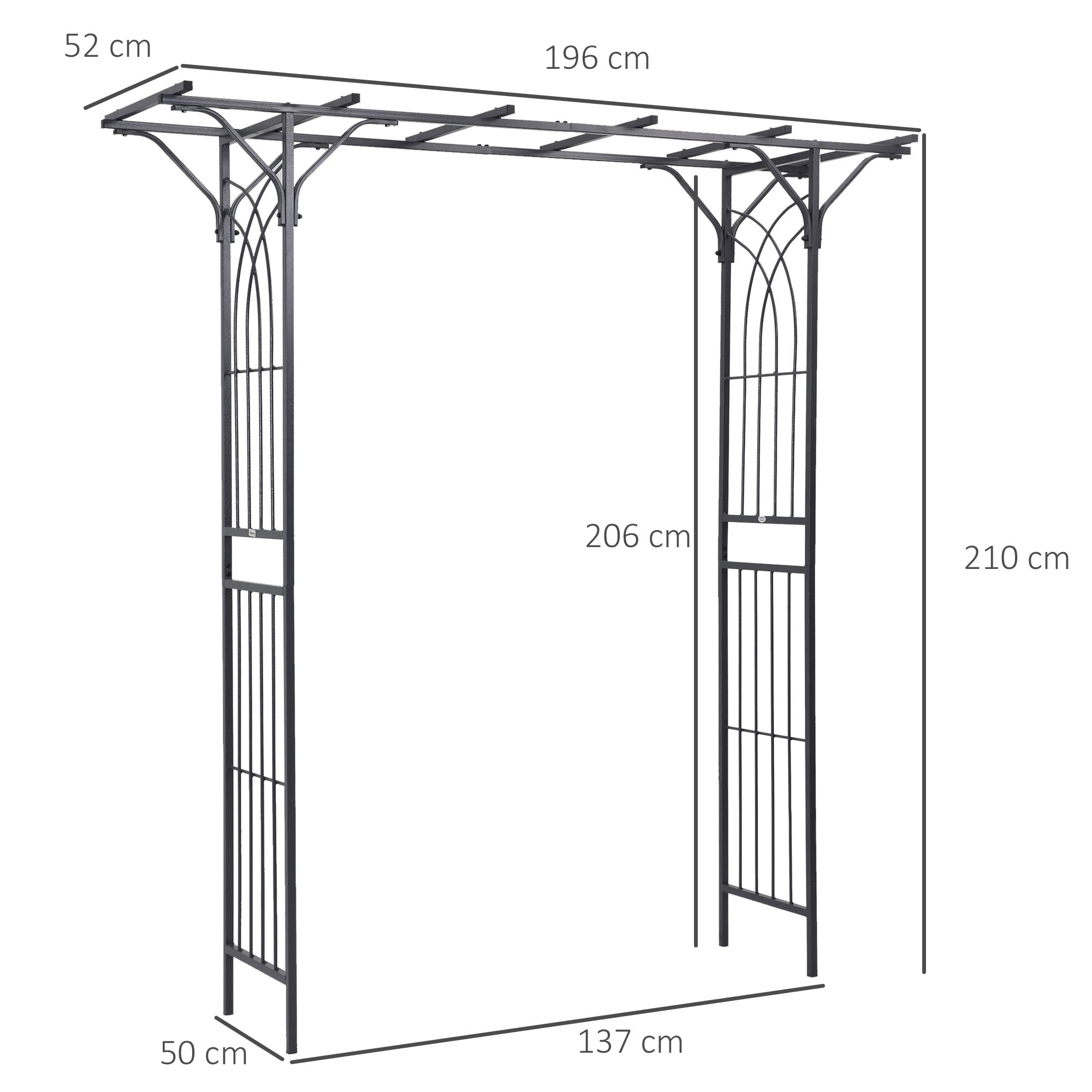 Outsunny 210cm Decorative Metal Garden Trellis Arch with Durable Steel Tubing & Elegant Scrollwork, Great for Weddings, Dark Gre