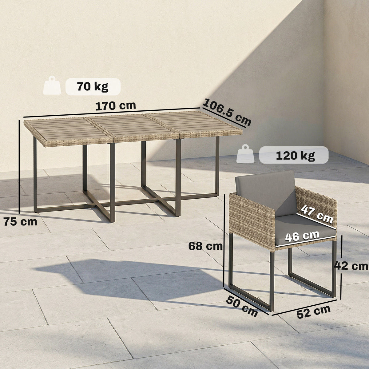 Outsunny 7 Piece Rattan Garden Furniture Set, Garden Dining Set with Wood-Plastic Table and 6 Stackable Chairs, Light Brown