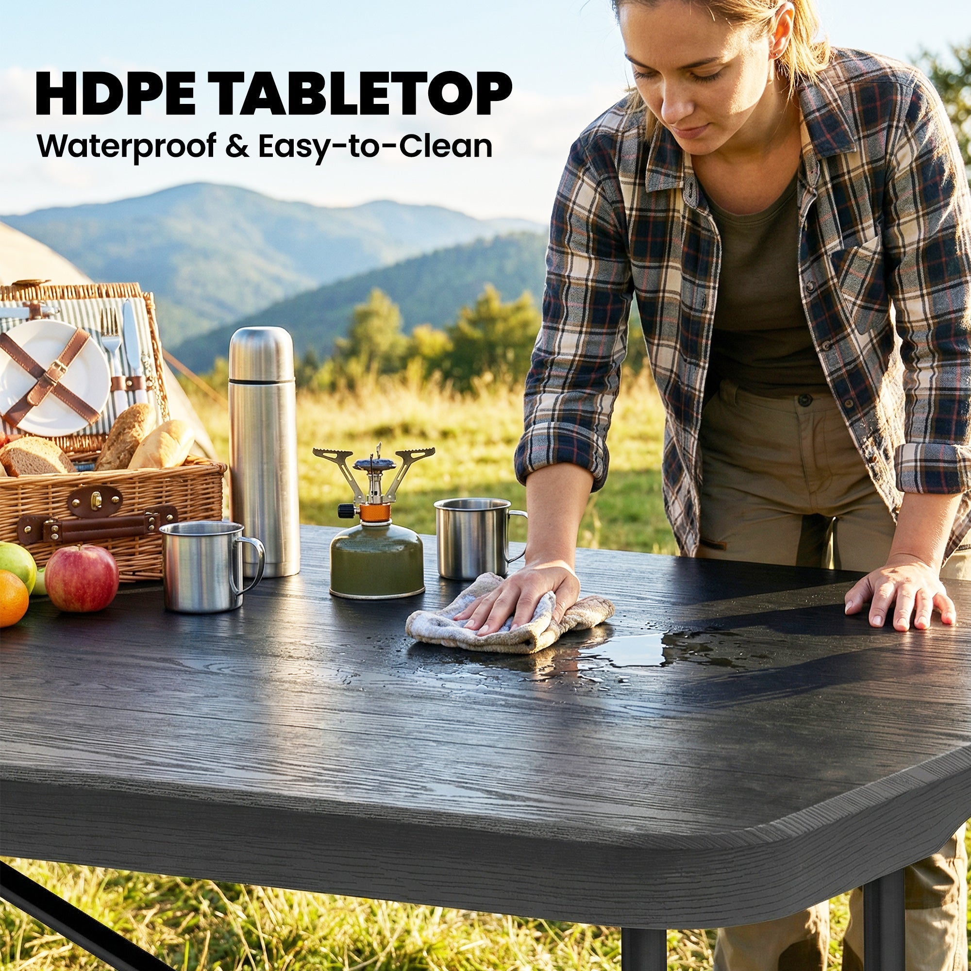 Outsunny 5 Piece 6ft Foldable Table and Chairs, Portable Picnic Table Set with 4 Chairs, Waterproof Top and Steel Frame, Black