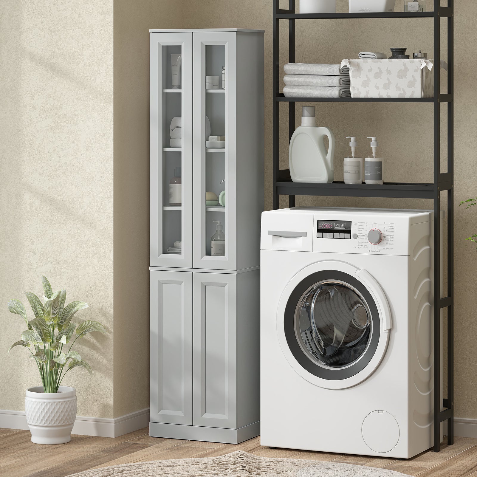 HOMCOM Tall Bathroom Storage Cabinet, 6-Tier Slim Bathroom Cabinet with Adjustable Shelf, 4 Soft-Close Doors, Dusty Blue