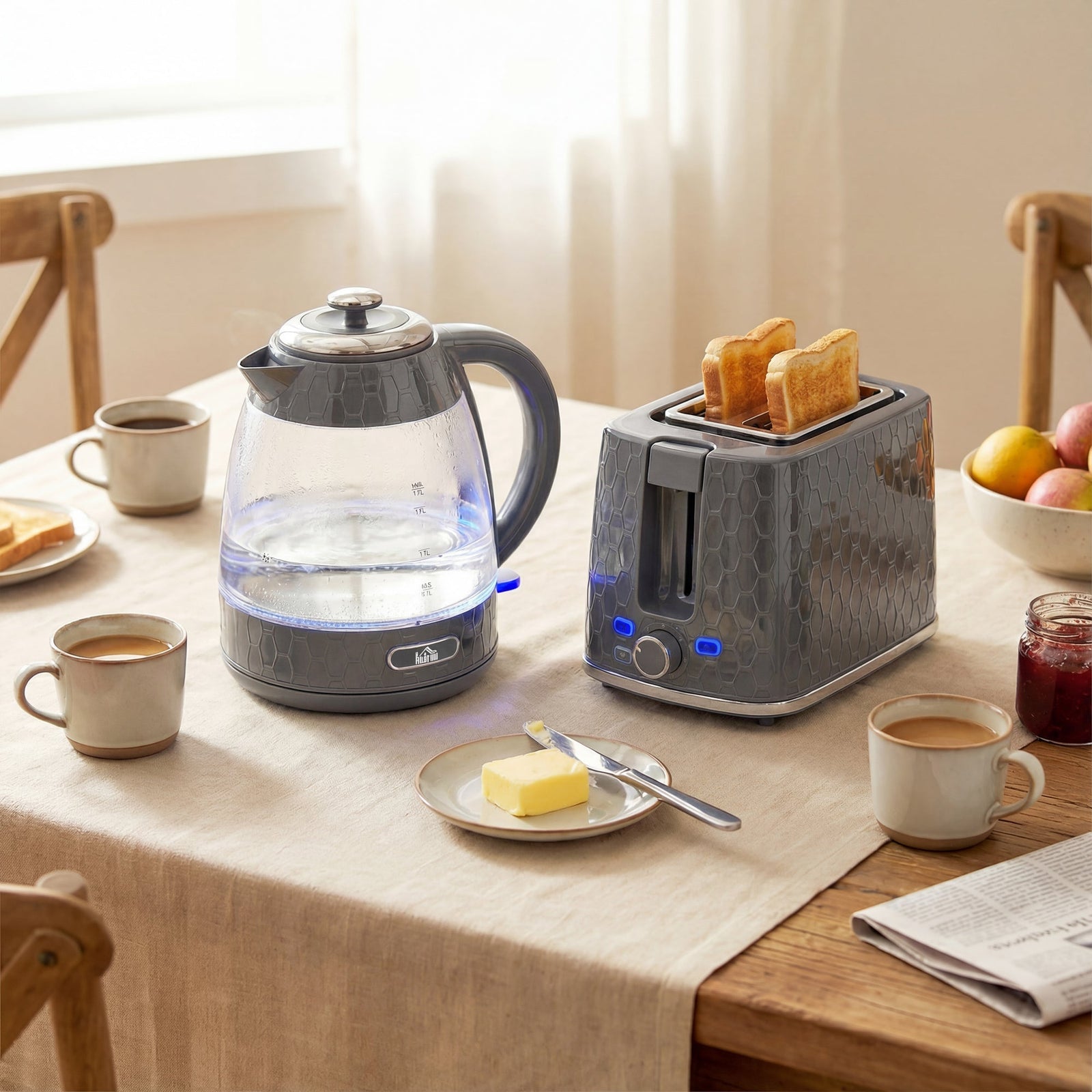 HOMCOM Kettle and Toaster Set, 1.7L 3000W Rapid Kettle with Limescale Filter, 2 Slice Toaster with 7 Browning Controls, Grey