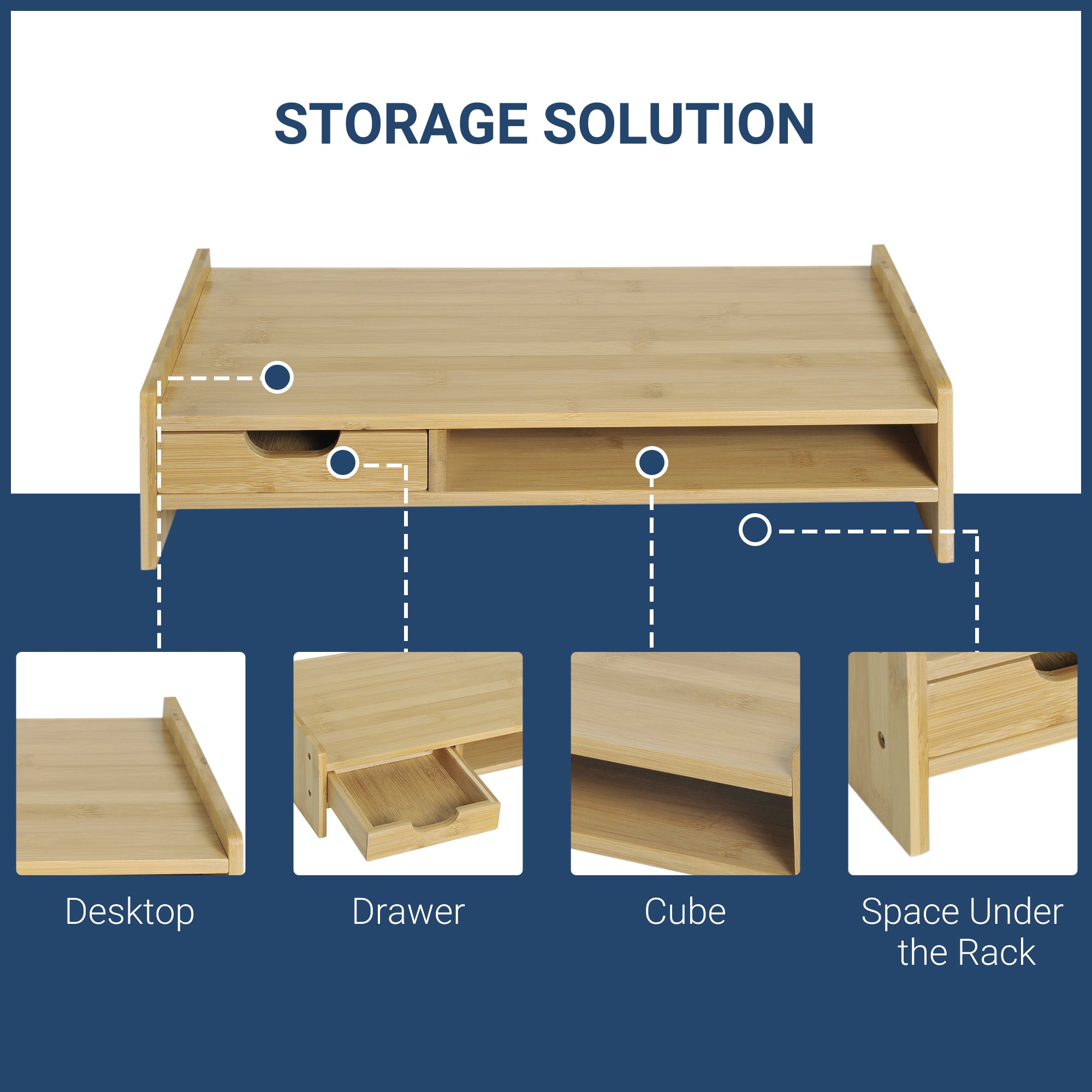 HOMCOM Monitor Riser Laptop PC Plinth Stand TV Computer Desktop Organiser W/ Drawer Bamboo
