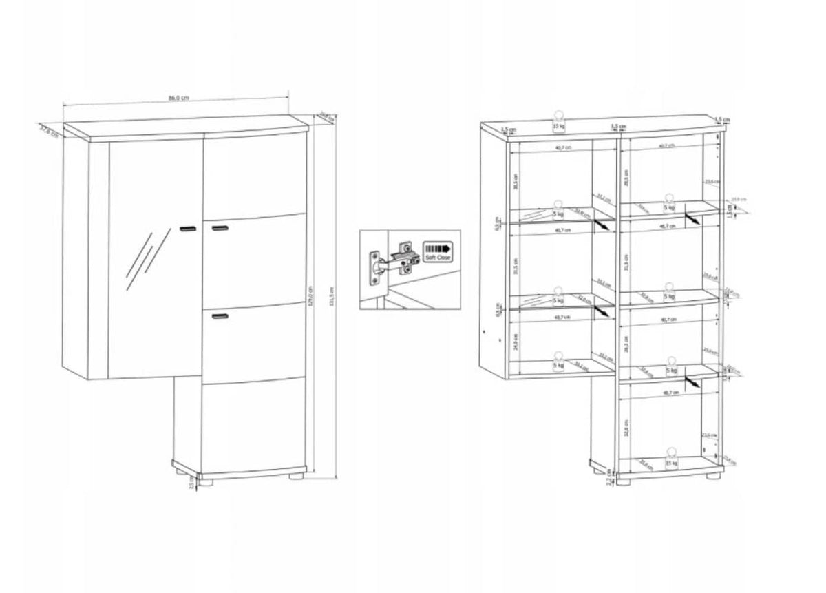 Diagram showing the dimensions and shelf weight capacity of the display cabinet
