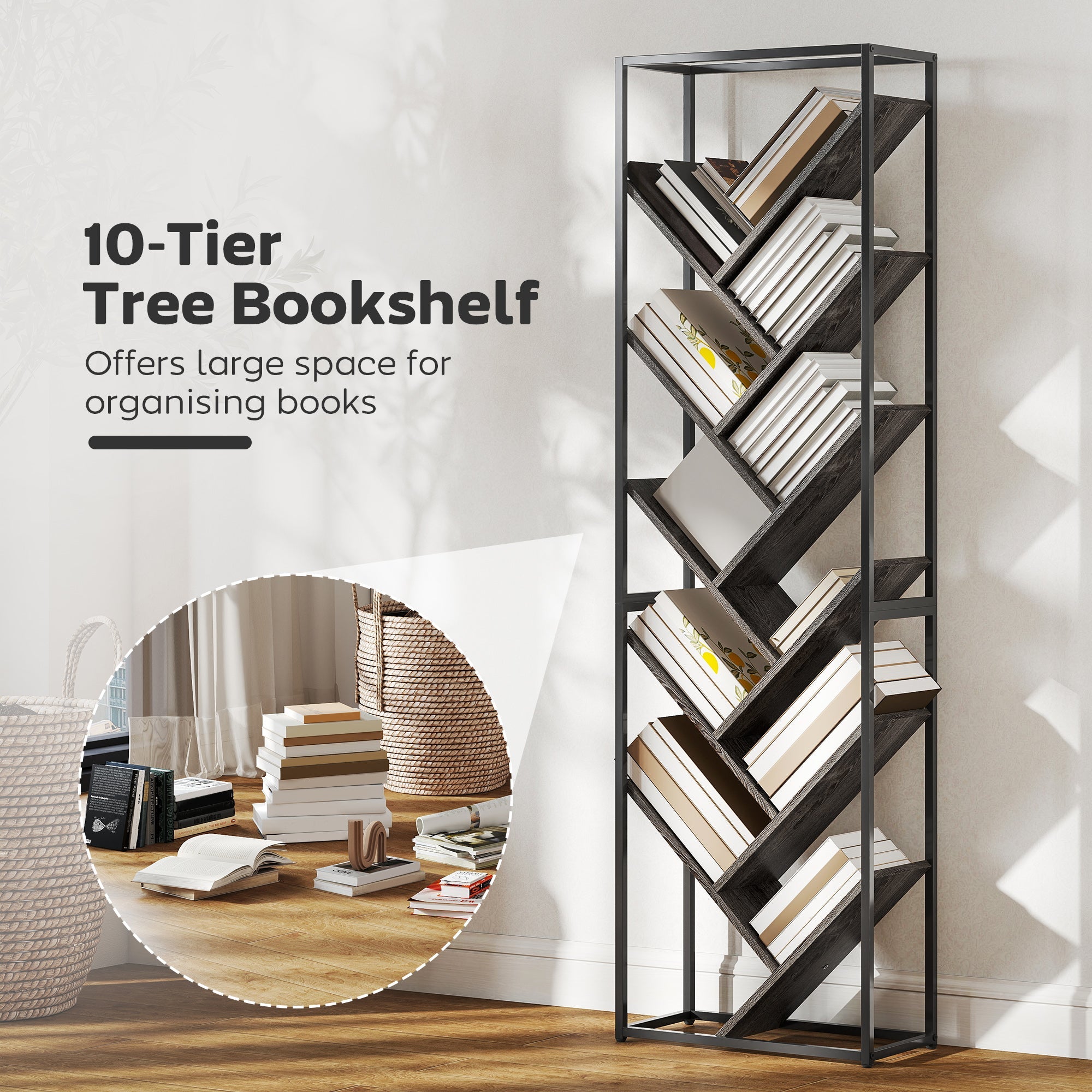 HOMCOM 10 Shelf Industrial-Style Bookshelf - Black/Grey