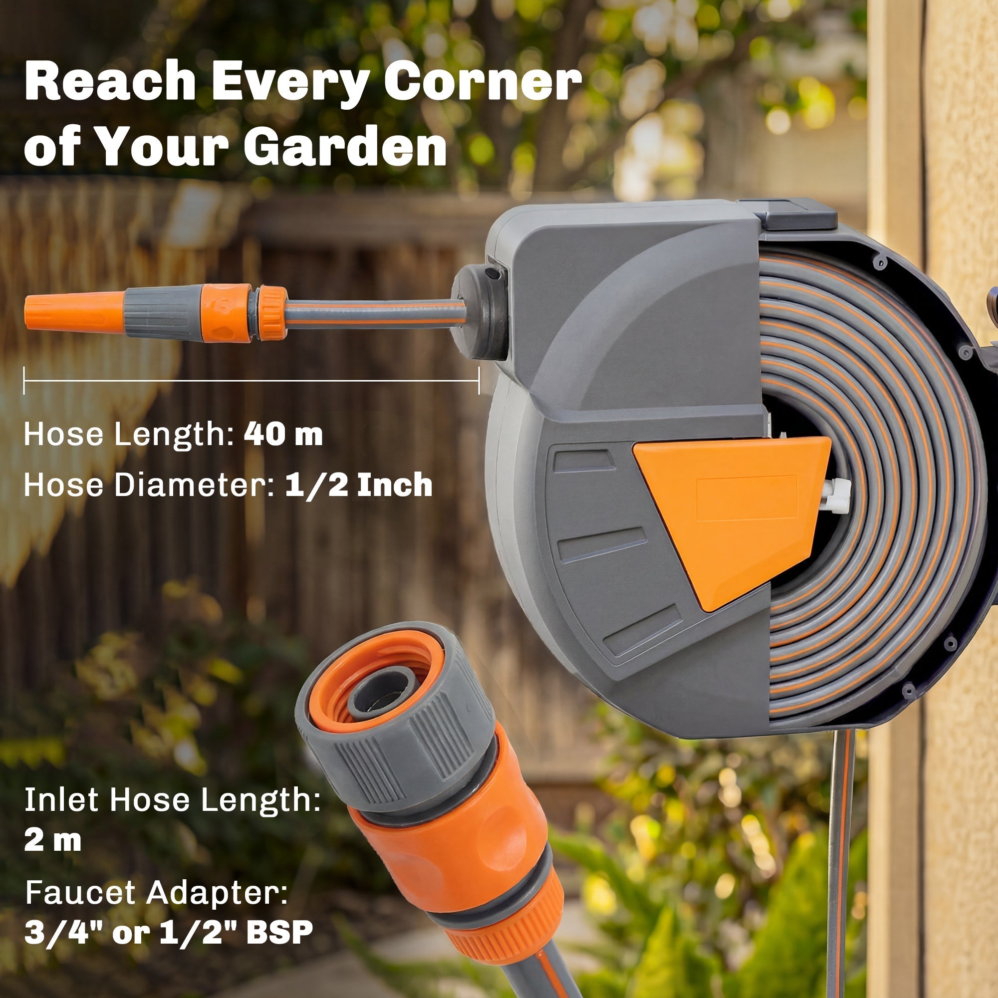 Outsunny Retractable Hose Reel Wall Mounted, 40+2m Garden Hose Pipe Reel with Auto Retraction, Self-Locking, Orange