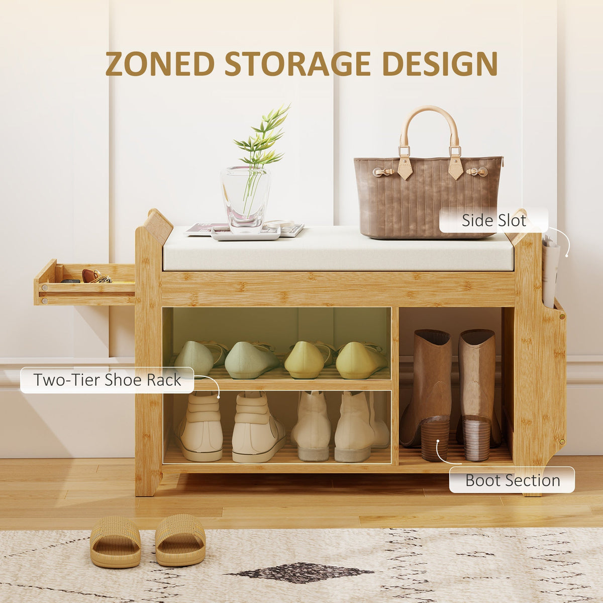 HOMCOM Shoe Bench 2-Tier Boot Section Entryway Storage Bench Cushioned Seat 100 x 30 x 50 cm Natural and Cream