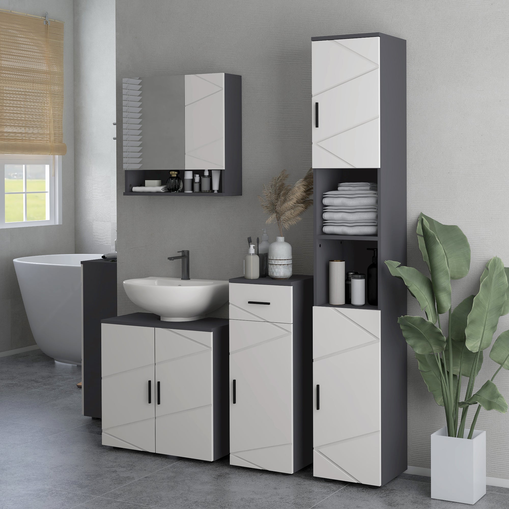 kleankin Line Embossed Tall Bathroom Storage Cabinet - Grey