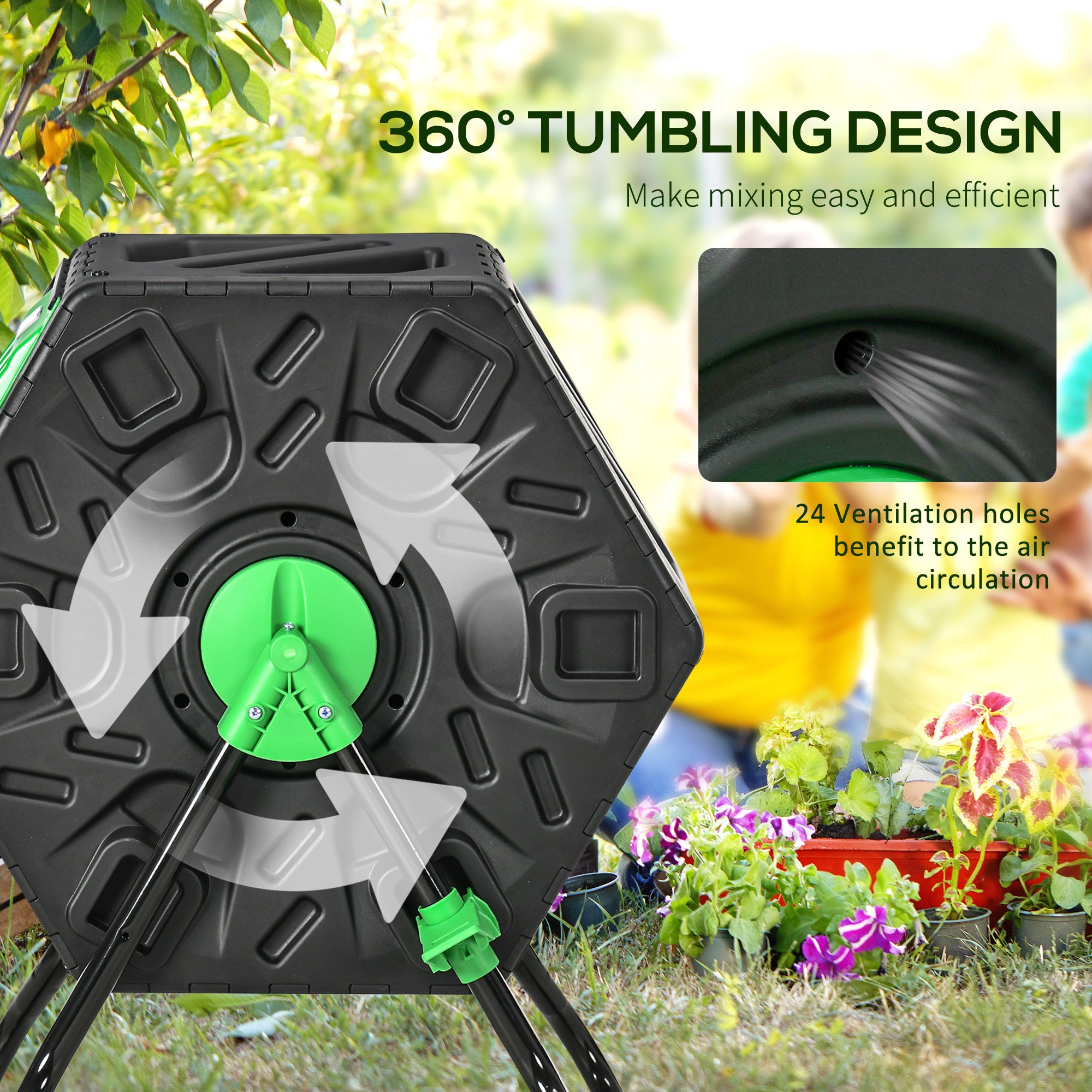 Outsunny 65L Garden Compost Bin, Single Chamber Rotating Composter, Compost Maker with 24 Ventilation Openings and Steel Legs