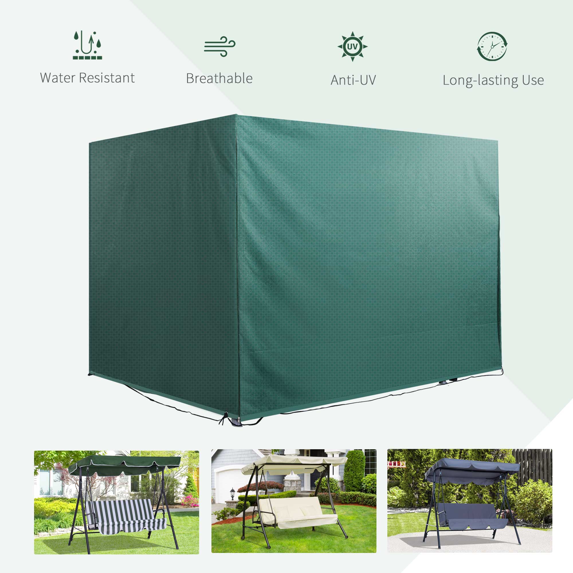 Outsunny Patio 3 Seater Swing Chair Bench Cover Outdoor Garden Furniture Rain Protection Cover Protector Waterproof Anti-UV, 215L x 155W x 150Hcm, Dark Green