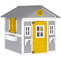 Outsunny Wooden Playhouse with Doors, Windows, Plant Pots, Boxes, for 3-8 Years - Grey