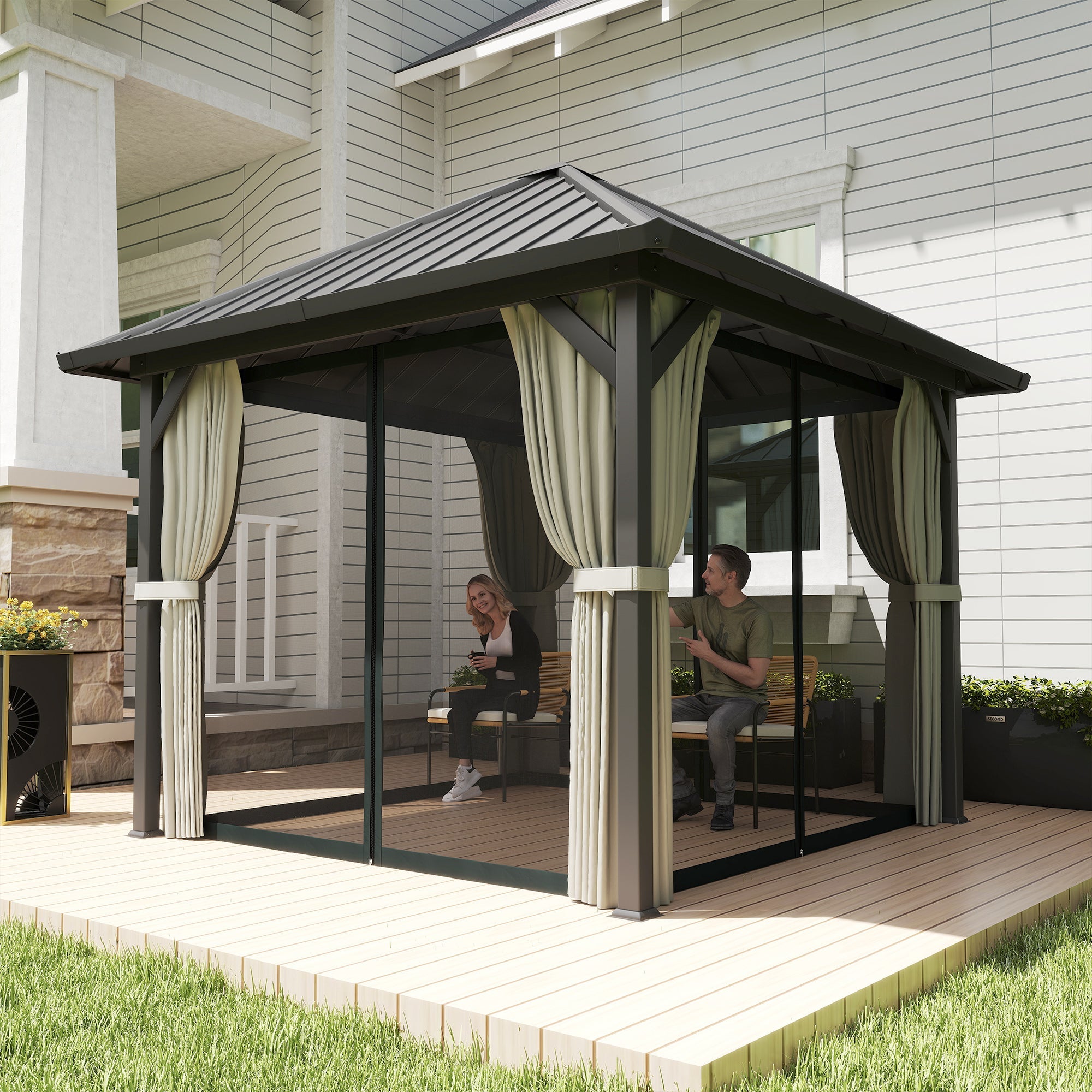 Outsunny 3 x 3(m) Hardtop Gazebo with Galvanised Steel Roof and Water Gutter, Waterproof Permanent Pavilion Garden Gazebo with Netting and Curtains for Patio, Deck, Black